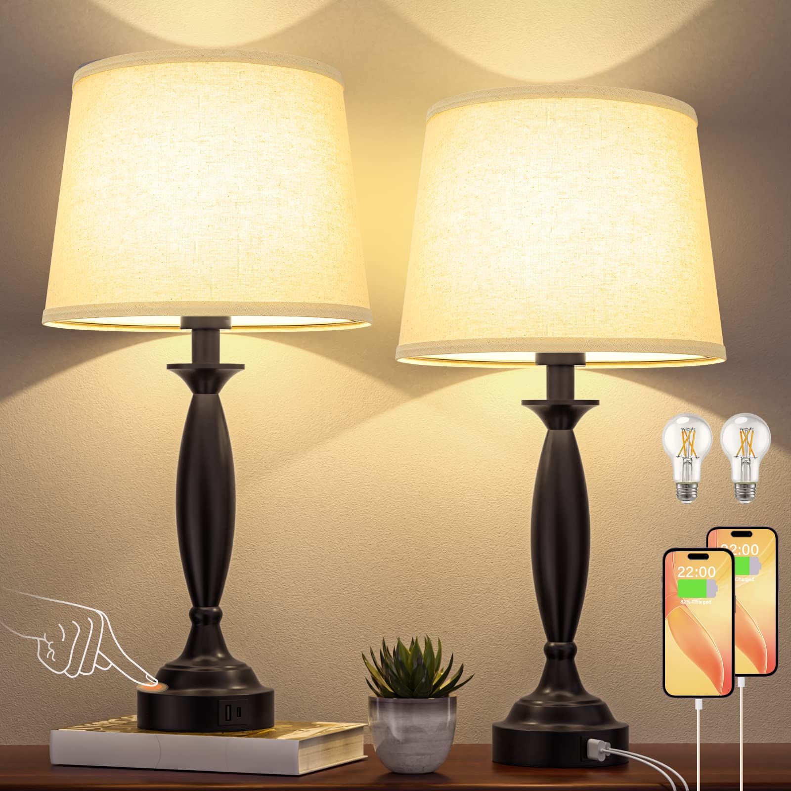 Beige Lamps For Bedrooms Set Of 2 - Touch Control Bedside Lamp With Usb C+A, 3 Way Dimmable Nightstand Lamps With Usb Port, Tabl