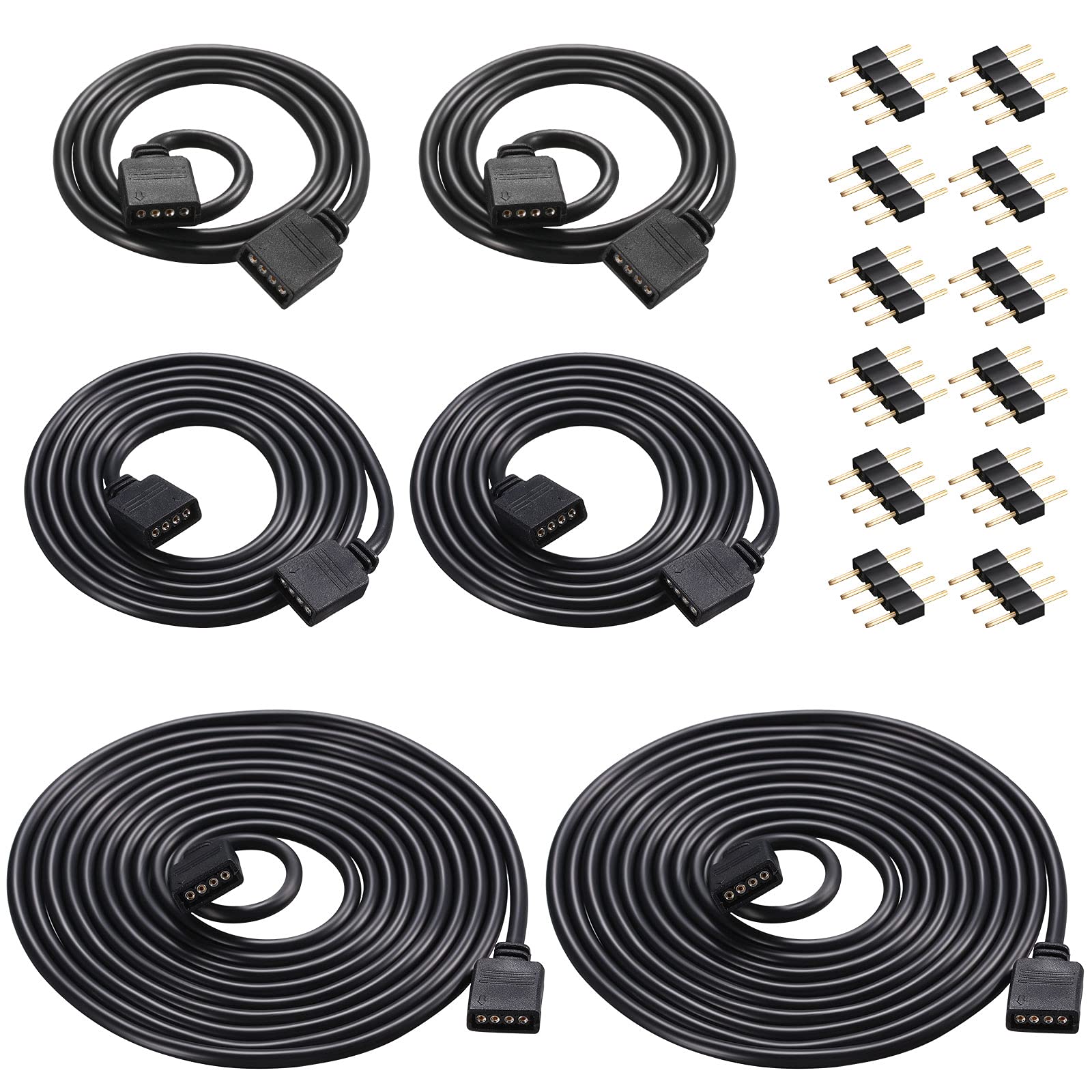 Honoson 6 Pieces 4 Pin RGB Extension Cable LED Strip Connector Cord Wire Cables Kit with 12 Pieces Pin Connector for 5050 3528 R