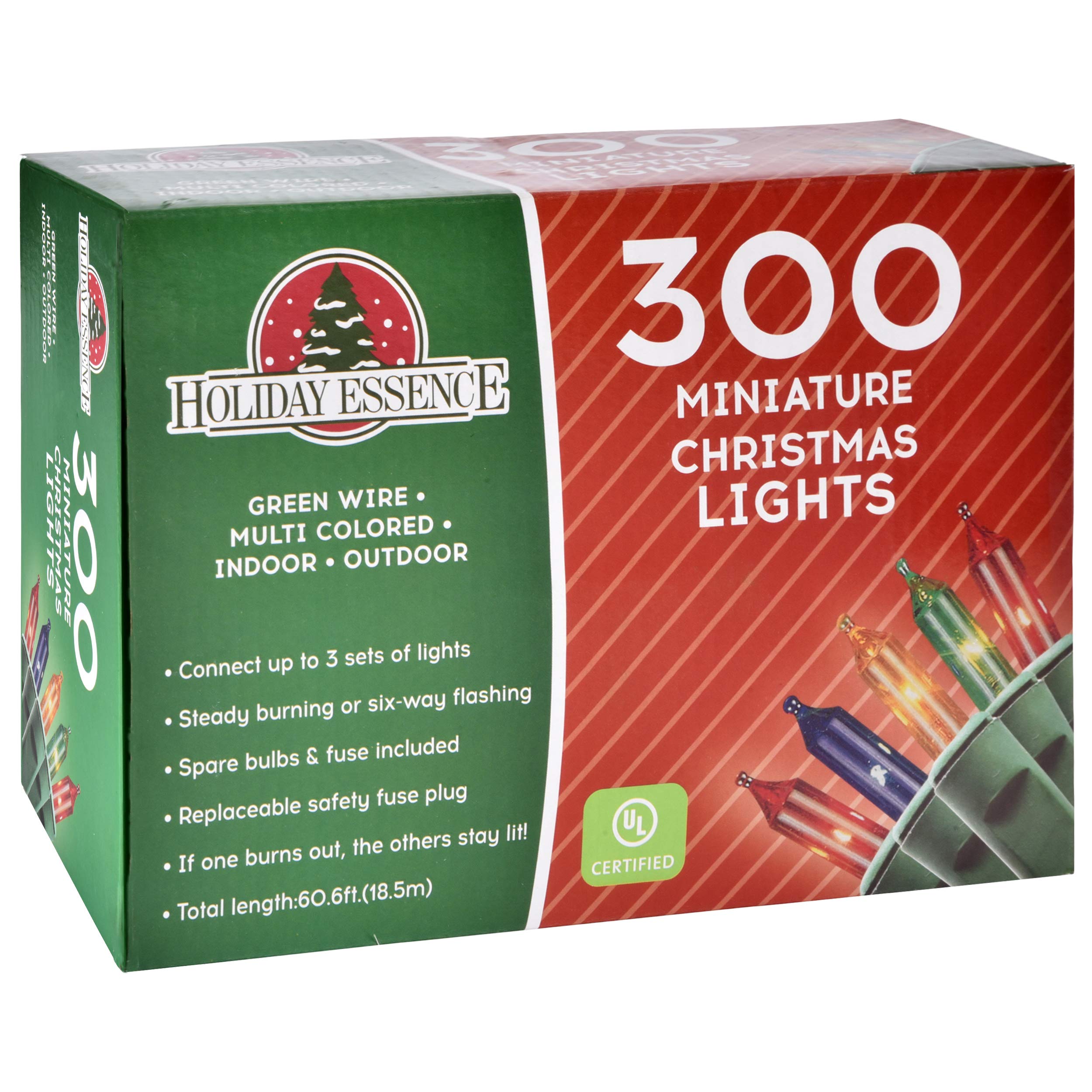 Holiday Essence 300 Multi-Color Christmas Lights, with Green Wire - Professional Grade for Indoor/Outdoor Use - Static + Flashin