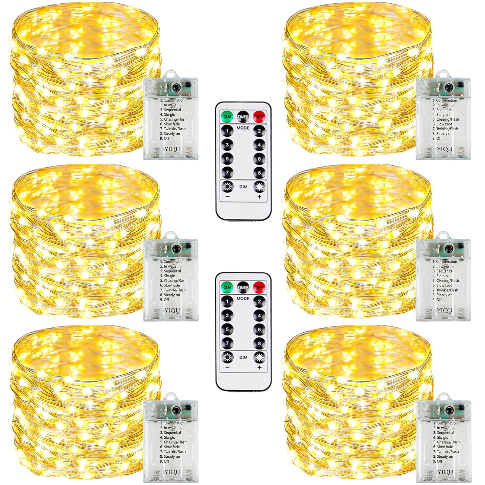 YIQU 6 Pack LED Fairy Lights, 26 FT, Battery Operated, Remote Control, Warm White, 8 Modes, Copper, Model: silver80-6pk