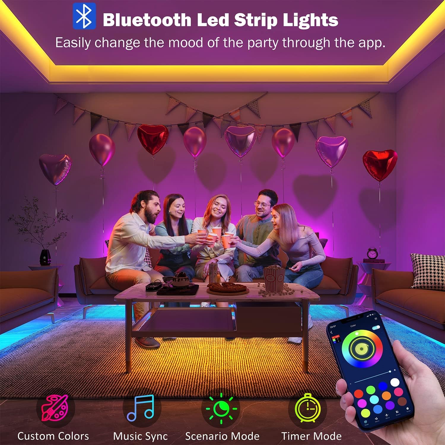 Leeleberd 50ft LED Strip Lights - Bluetooth RGB Color Changing, Remote Control, Multicolor, Plastic, Model T-100 for Home Decoration
