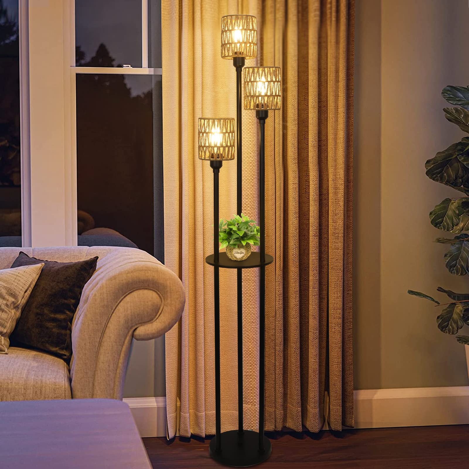 Stepeak Boho Floor Lamp - 3-Light Rustic Standing Lamp With Rattan Shades, Black - Model 221105A1 For Living Room, Bedroom, Office