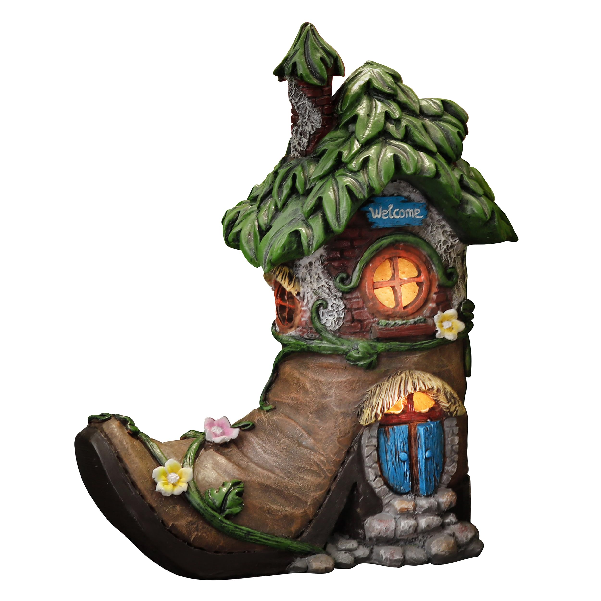 TERESAS COLLECTIONS Boot Fairy House Garden Statue with Solar Light, 6in Multicolor Resin Outdoor Decor