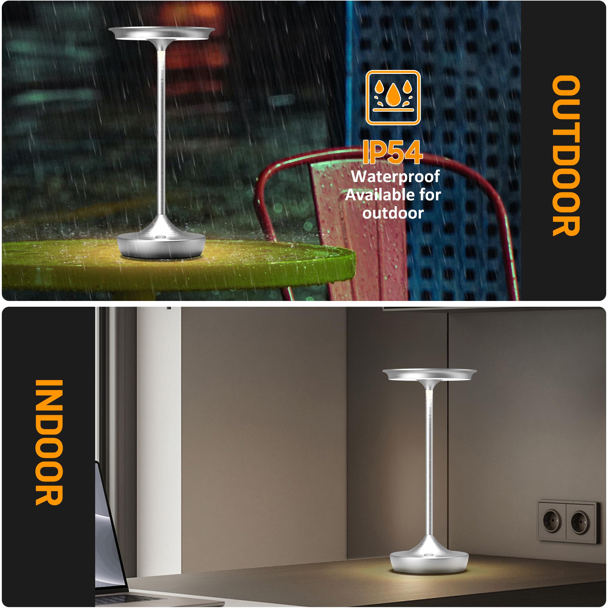 YHT Cordless Rechargeable Table Lamp, 6000mAh Battery, Waterproof, 3 Color Dimming, Aluminum, Silver, Model 825, 2 Pack