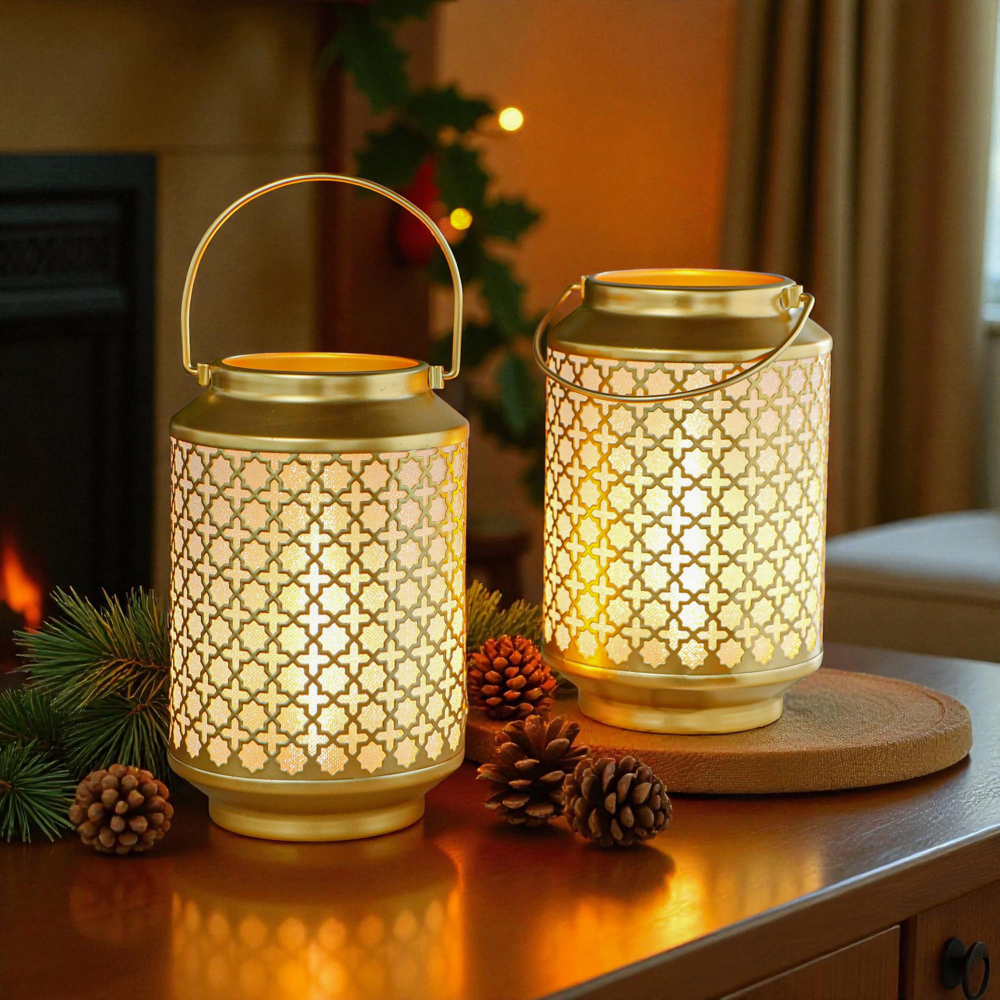 TRIROCKS Set of 2 Battery Operated Lamp 7.5 High Cordless Decorative Lamp Metal Table Lamps with LED Bulb for Home Living Room Weddings Parties Patio Events Outdoors Indoors Shelf (Gold)