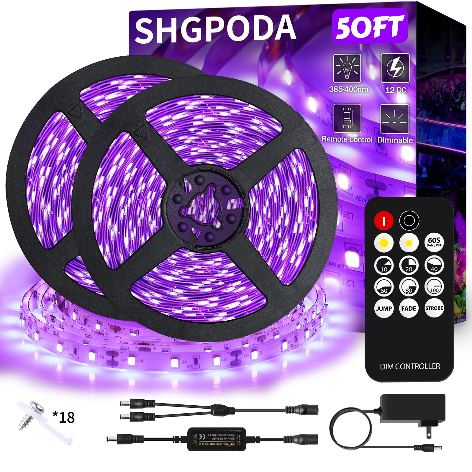 Shgpoda 50 Foot Black Light Strip & Remote  900Leds  Dimmable 12V Flexible Black Lights For Glow Party  Bedroom  Hallween  Fluorescent Tapestry Poster  3 Light Modes  Non-Waterproof