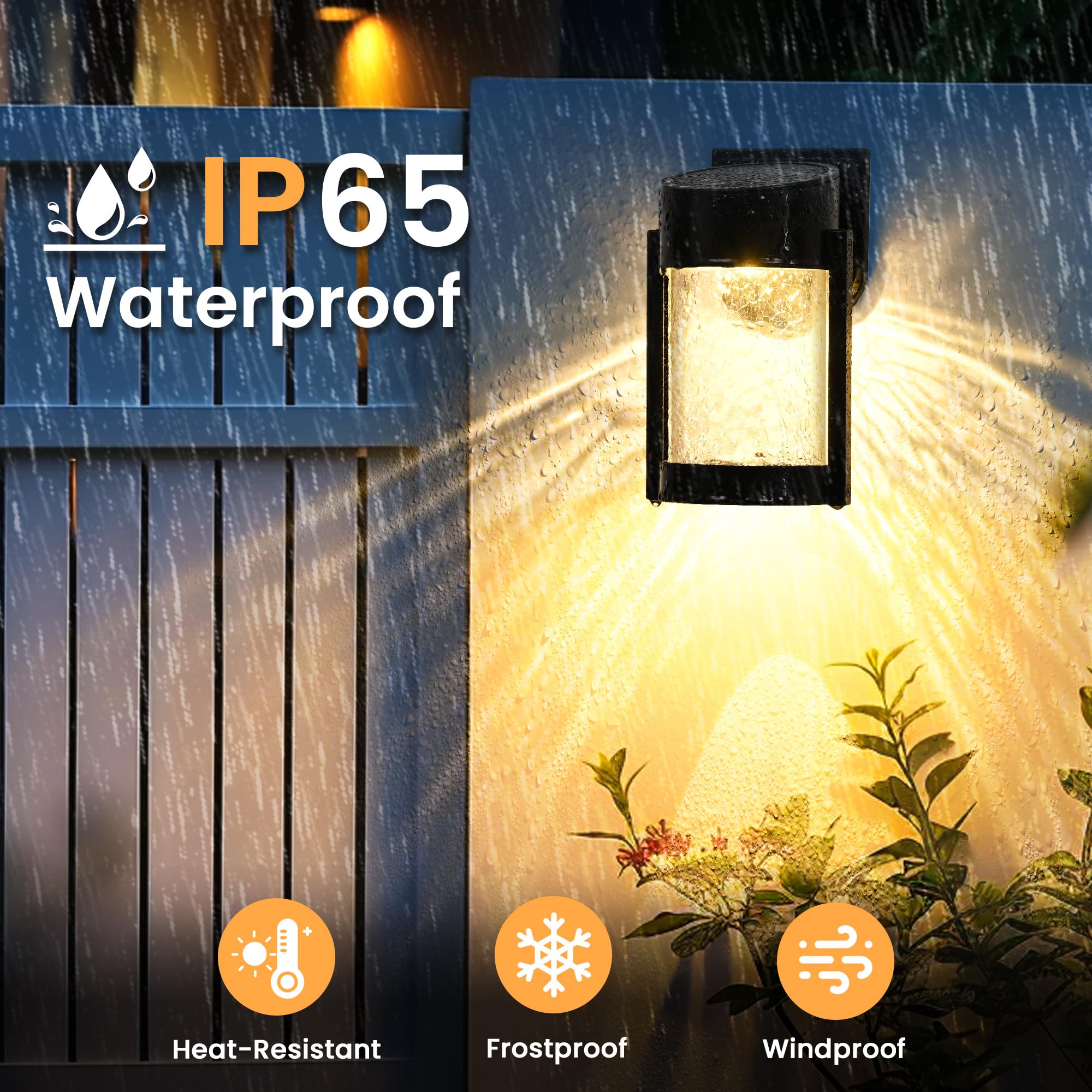 Pevoros 2 Pack Solar Wall Lights Outdoor, Ip65 Waterproof Wall Light For Porch, Fence, Shed, Barn, Patio, Glass Crackle Lampshad