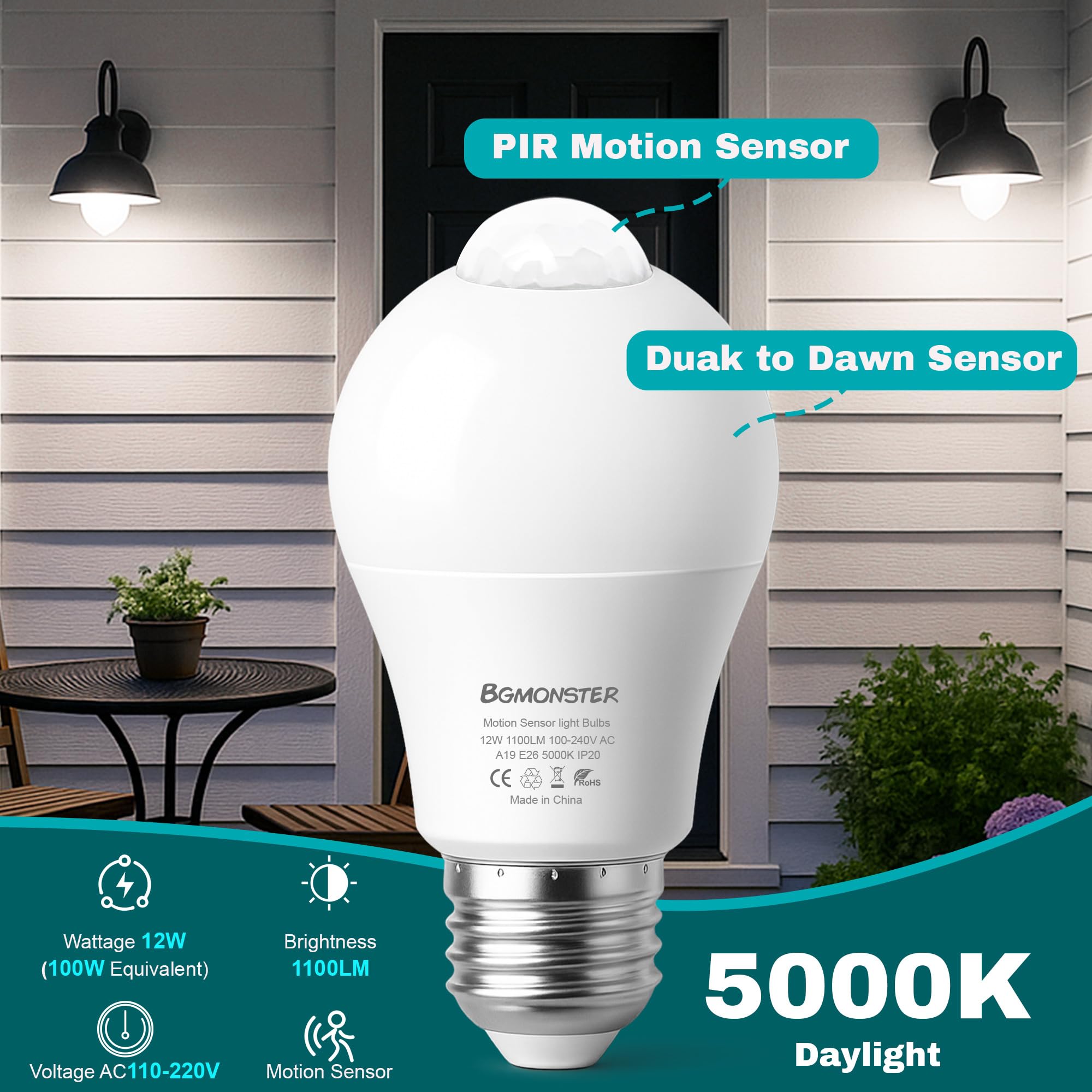 4-Pack Motion Sensor Light Bulbs, 12W(100W Equivalent) E26 A19 Security Led Bulb Outdoor/Indoor, Motion Activated Dusk To Dawn B