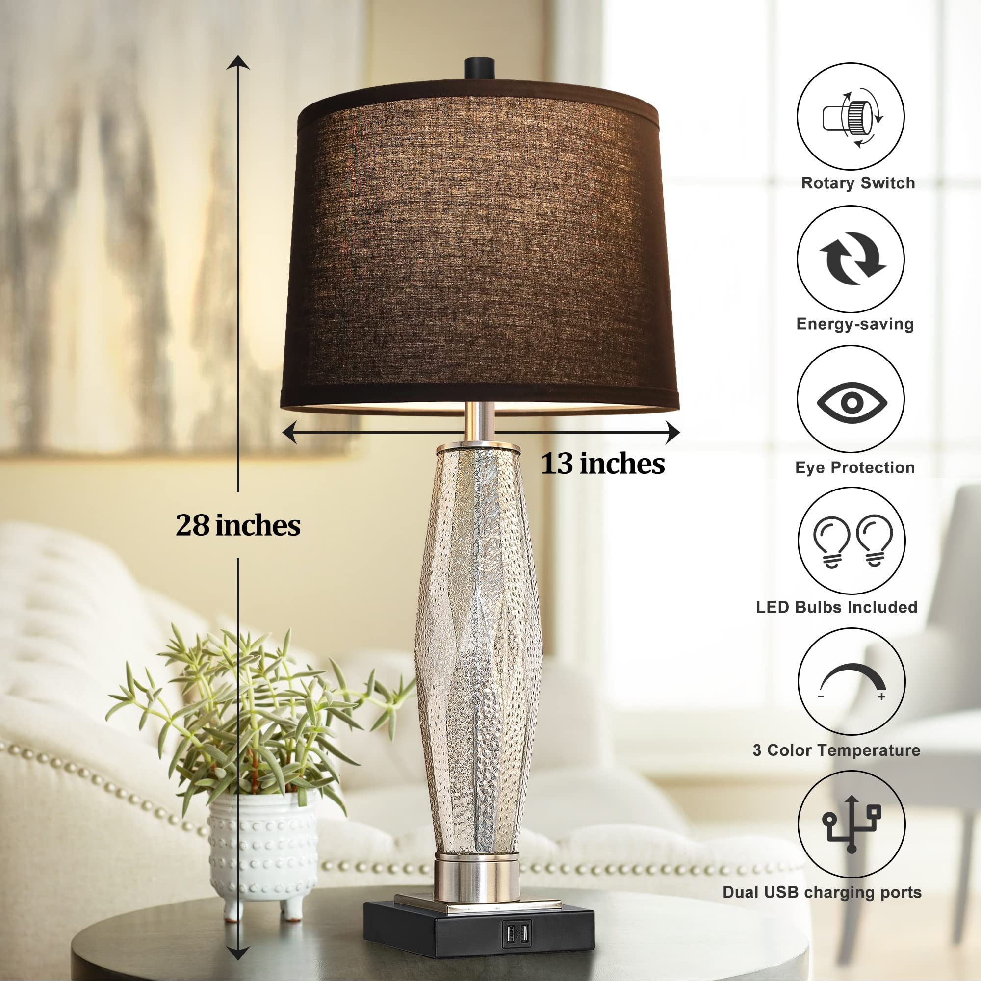 QiMH Table Lamps Set of 2 - Modern Black Glass Nightstand Lamps with USB Charging Ports, LED Bulbs Included, Model STR-DL-0124