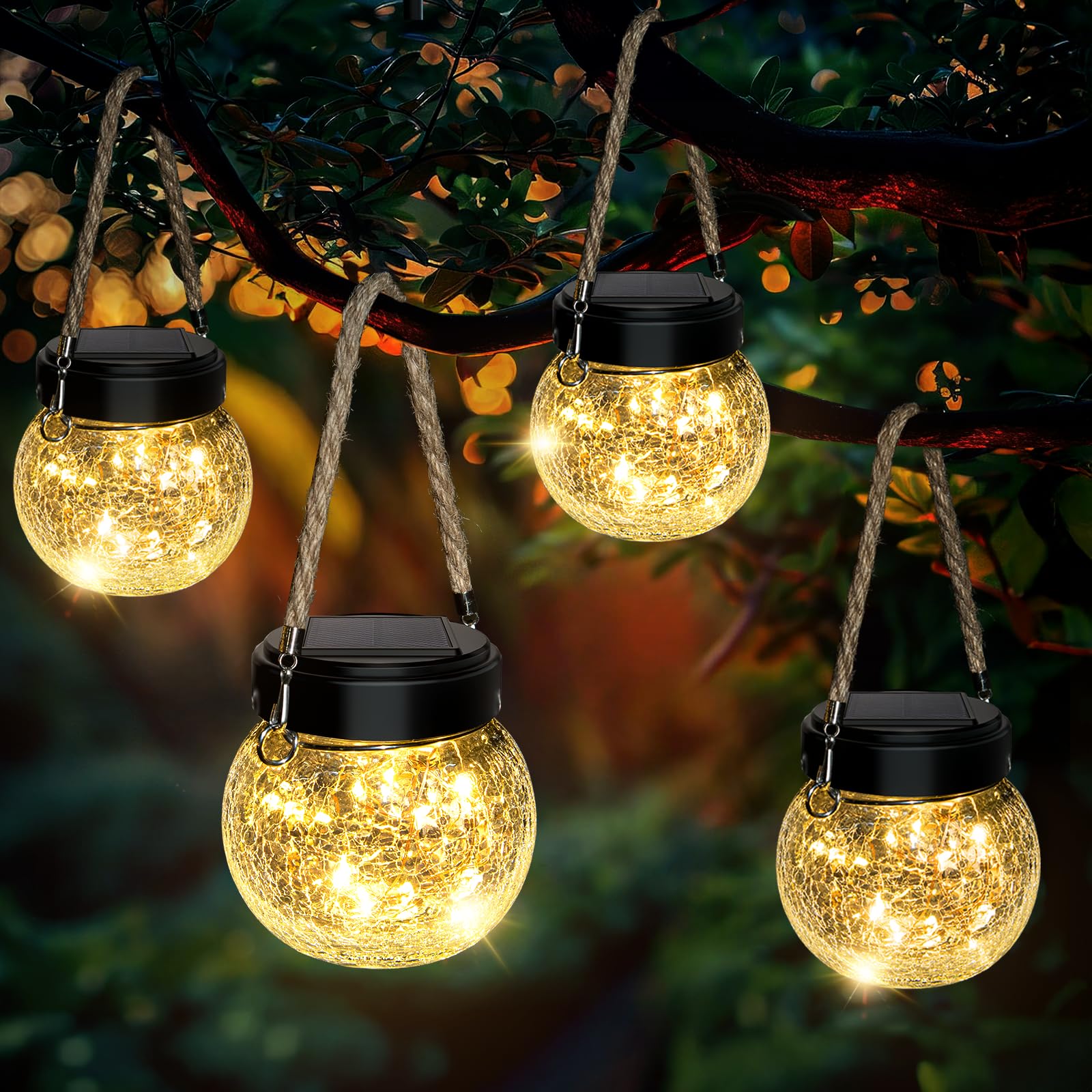 ROSHWEY 4 Pack M Size Solar Lantern Gifts for Women, Hanging Garden Decor Solar Lights Outdoor Waterproof with 15 LED for Hallow