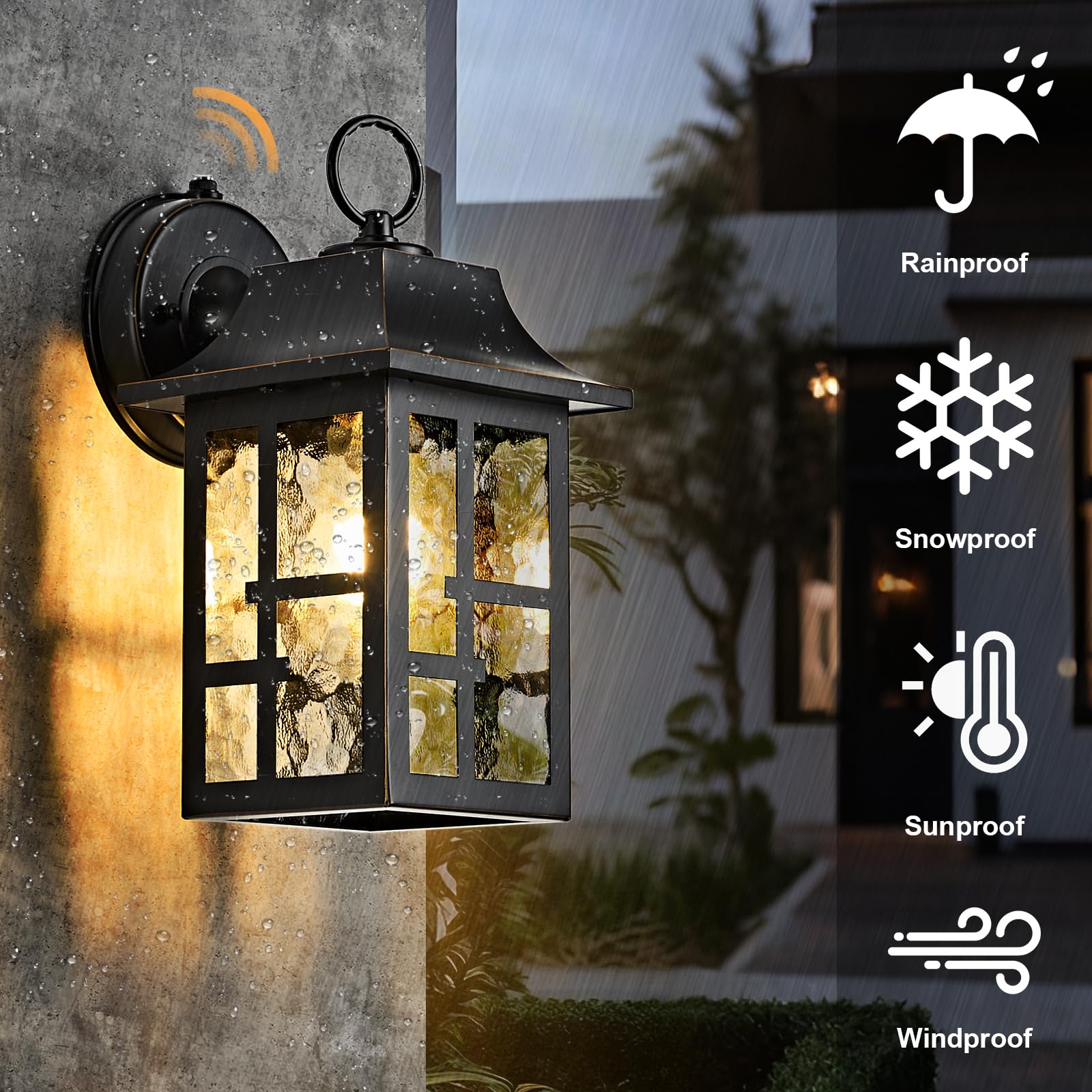 OKELI 2-Pack Outdoor Wall Lights, Aluminum Porch Light, Dusk to Dawn with Ripple Glass, Black & Gold-Trim, 11.4" Sconce, Model OK100-M2