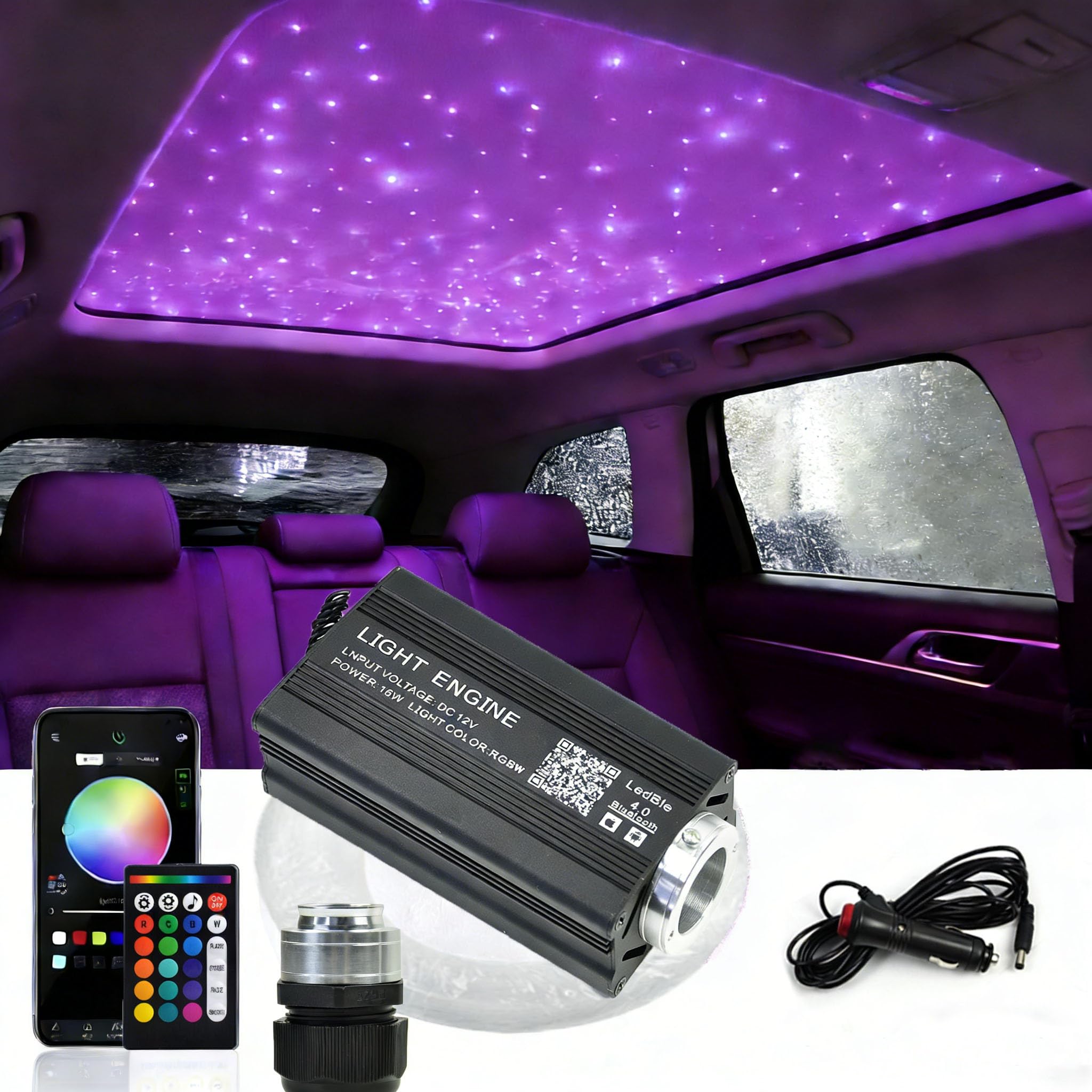 Starlight Headliner Kit 1000Pcs 0.03in*6.5ft*2m 16W RGBW Music/Voice APP/Remote Control Activated Star Lights for Car Fiber Opti