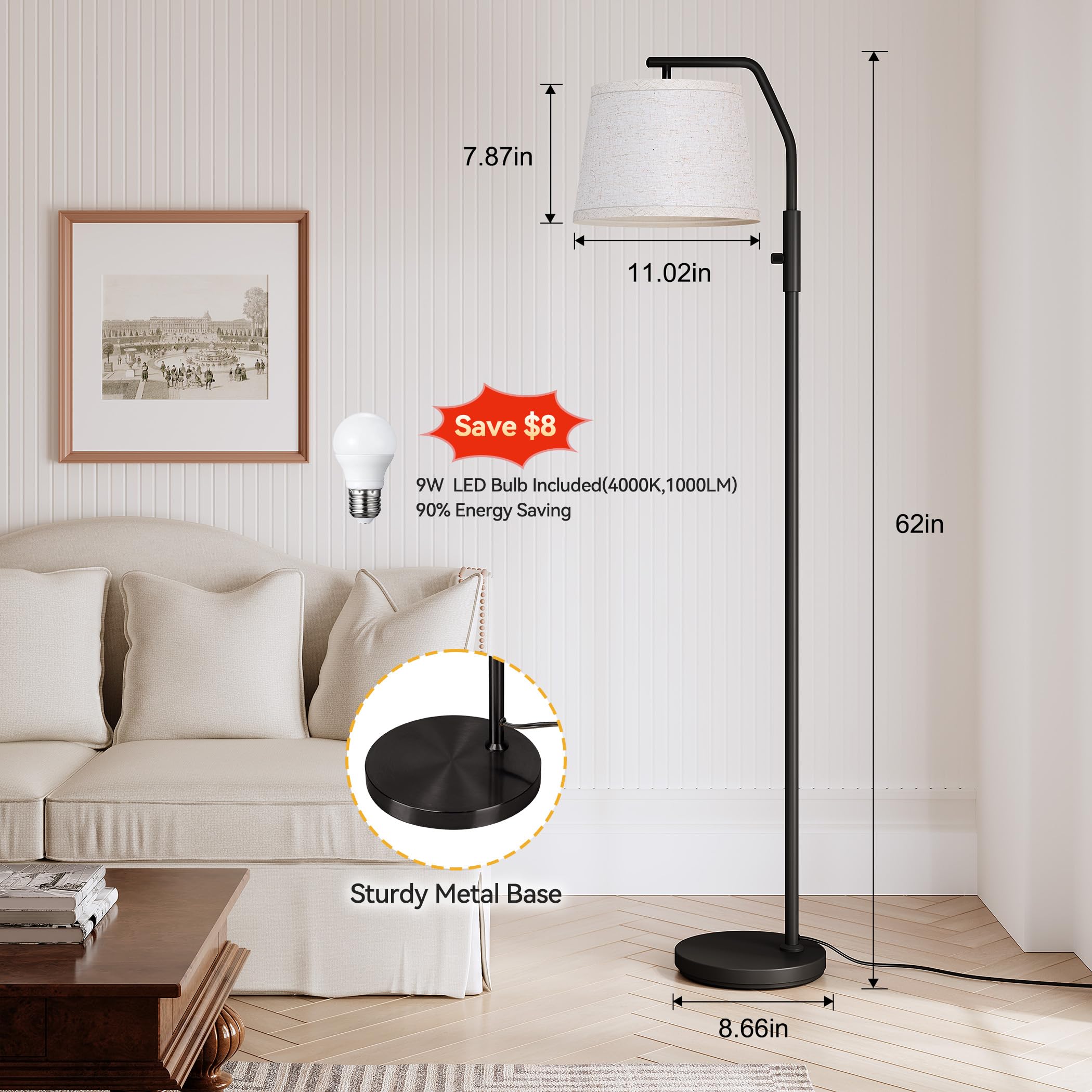 Sunmory Floor Lamps For Living Room, 9W Bulb Included, Tall Lamp For Bedroom With Adjustable Head, Modern Standing Lamp, 0-100%