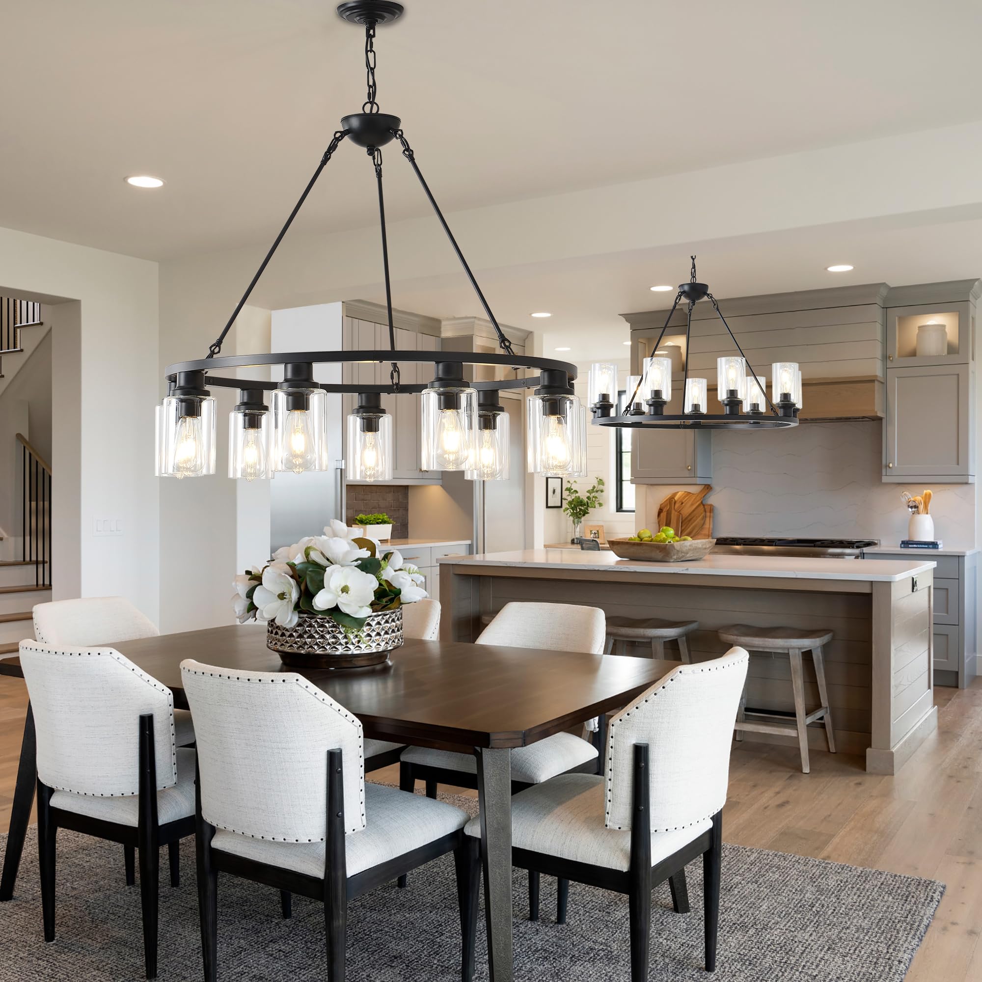 Jtyp 32 Black Wagon Wheel Chandelier, 9-Light Farmhouse Glass Pendant Lights Kitchen Island Round Hanging Lighting Fixtures Ceil