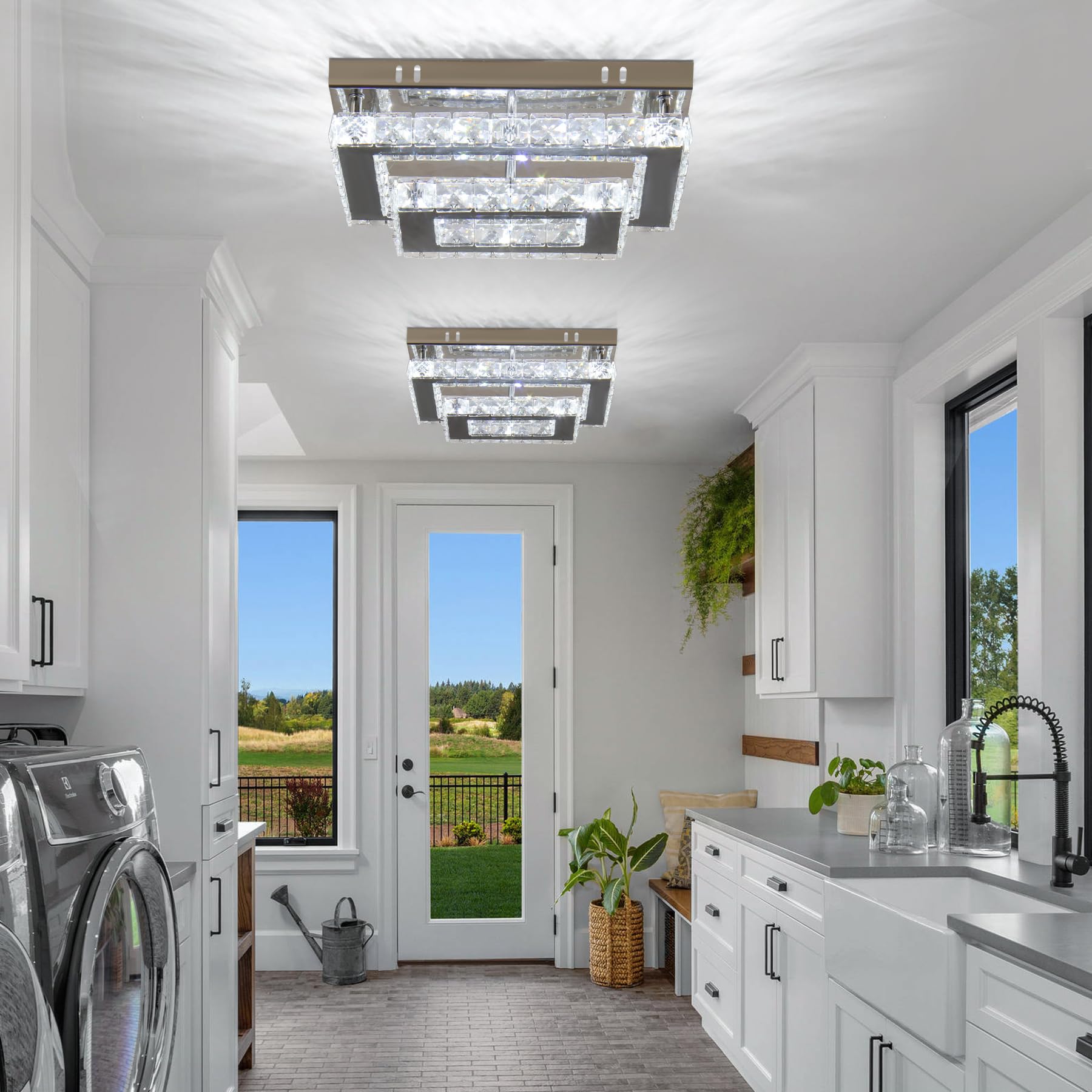 Finktonglan Led Crystal Ceiling Light, Modern K9 Stainless Steel Flush Mount For Living Room/Bedroom