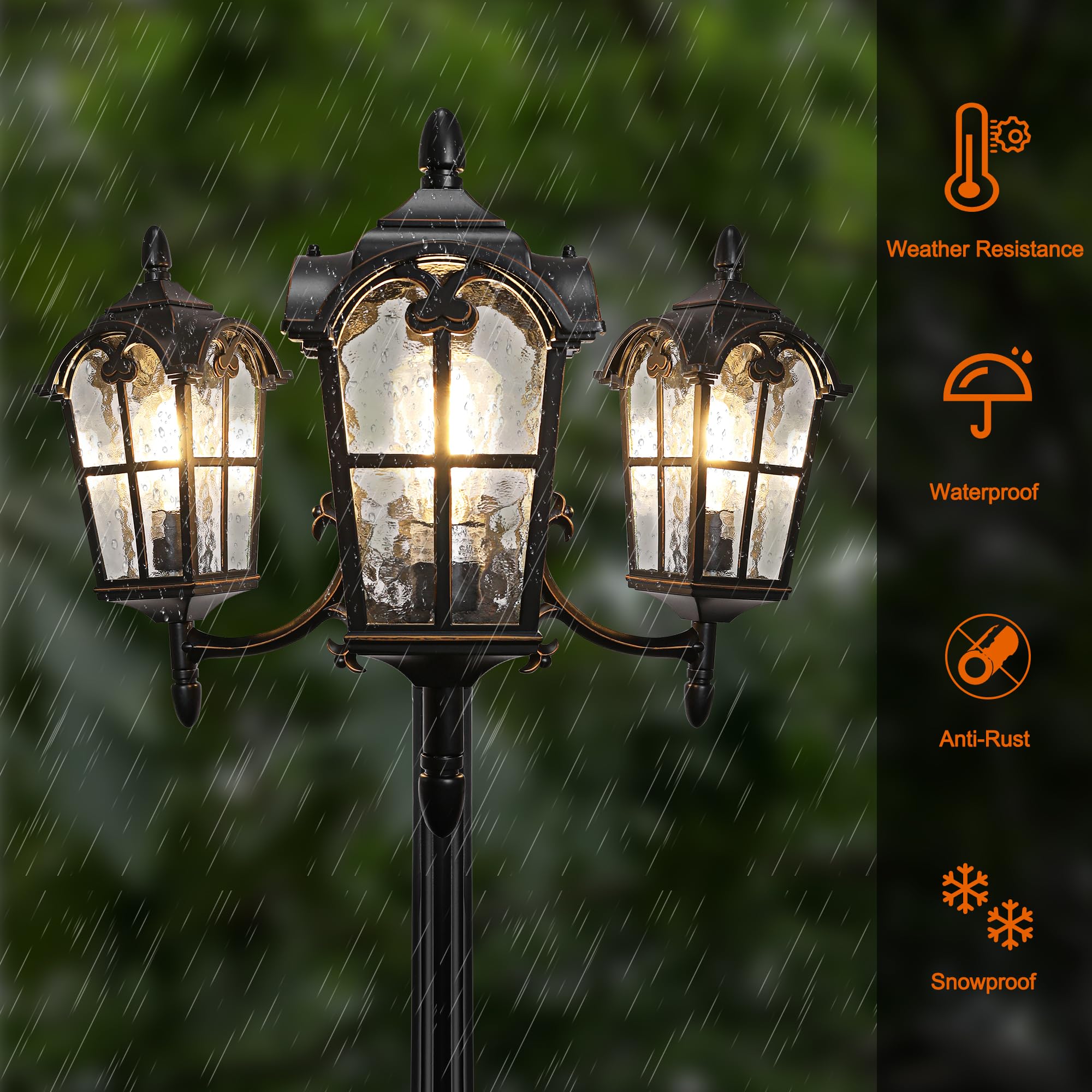 PARTPHONER Black Aluminum Outdoor Lamp Post with GFCI Outlet, Triple Head, Waterproof for Garden, Model PAPO078AB1