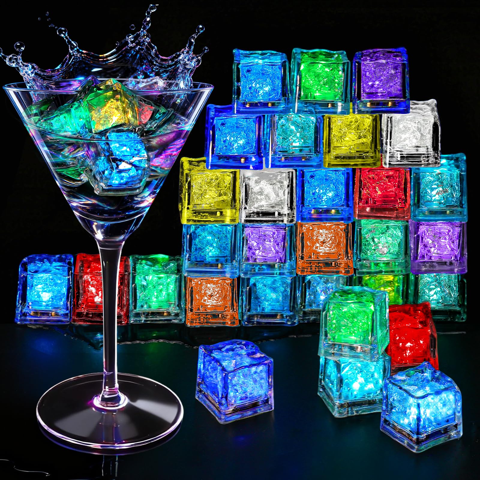 Light Up Ice Cubes  300 Pack Multi Color Led Ice Cubes for Drinks IP67 Waterproof Reusable Glowing Flashing Changing Lights Water Activated Drink Lights for Blends Christmas Party Bar Wedding