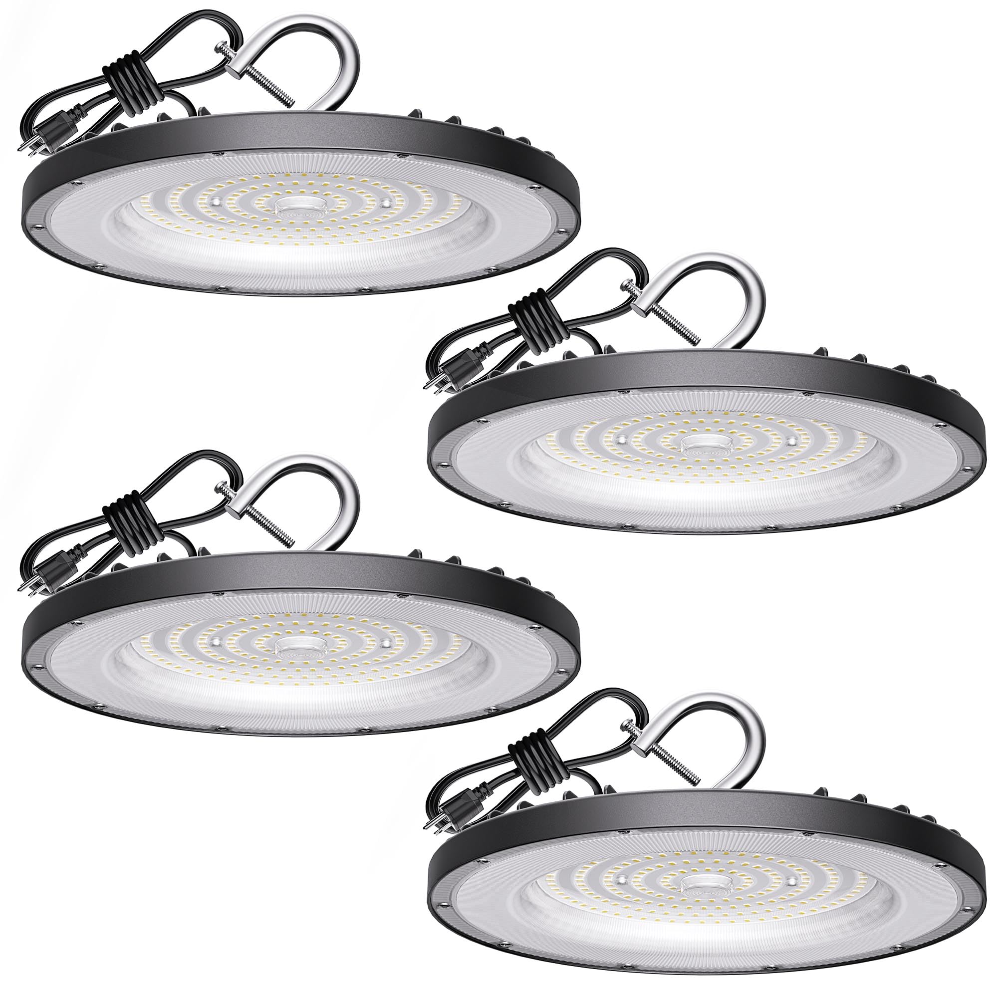 4 Pack Led High Bay Light 150W  21000Lm  6000K Daylight Ufo High Bay Led Shop Lights With 5 Cable Us Plug  Ip65 Waterproof 120V Commercial Lighting Fixture For Warehouse Workshop Barn Factory