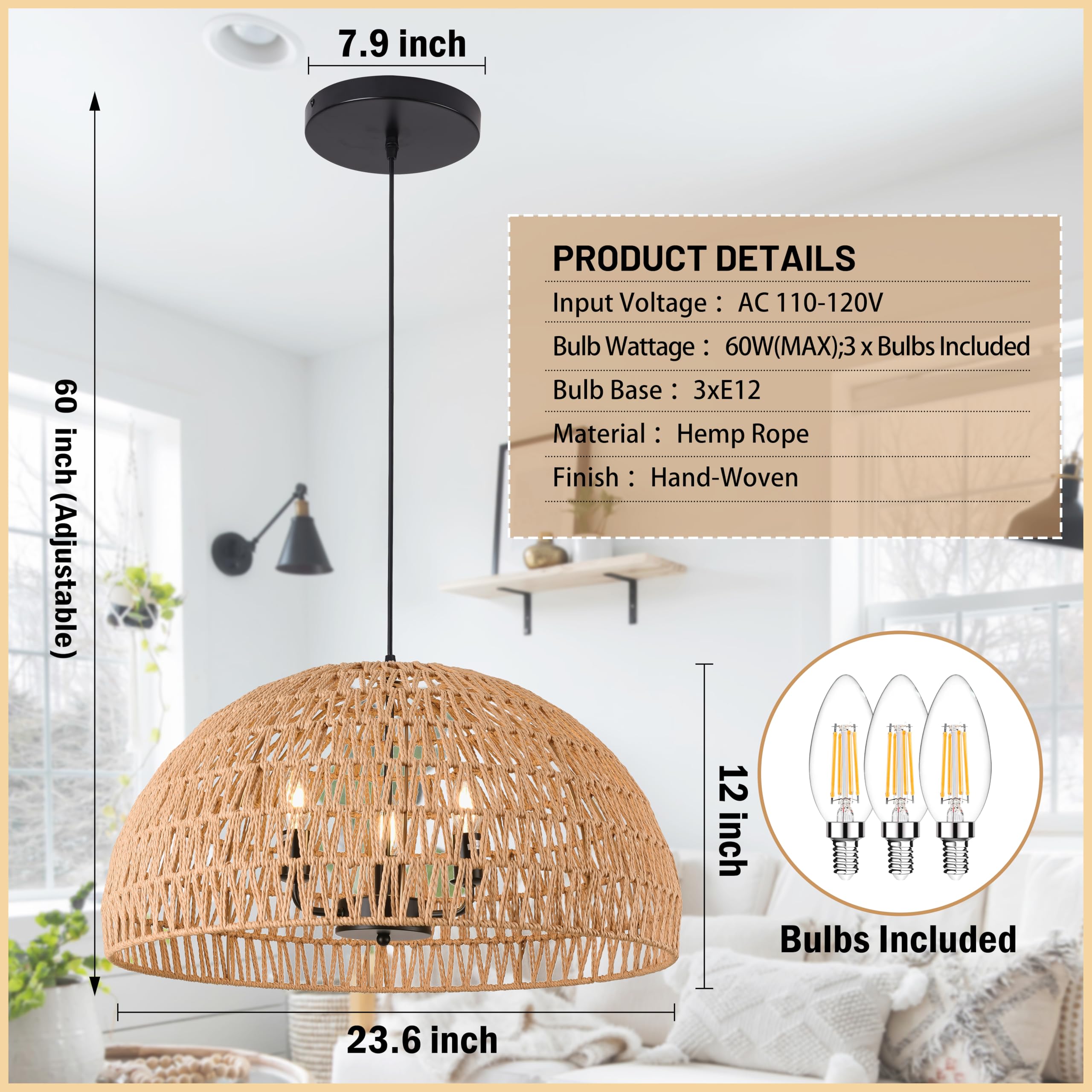 Ayshwilldec 24&quot; Brown Woven Pendant Light - Boho Chandelier For Dining Room, Living Room, Kitchen