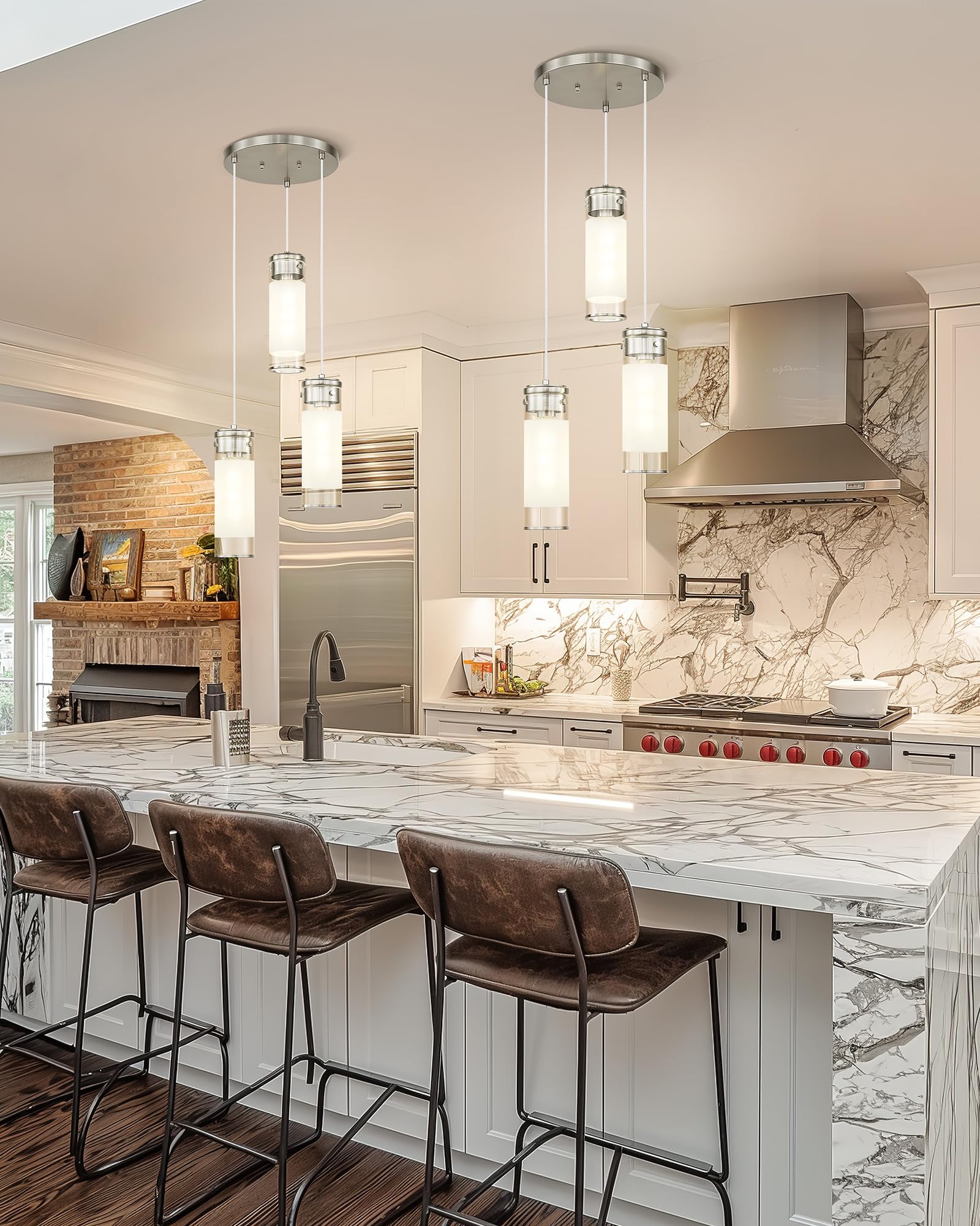 Jazava Clutster Pendant Light Fixture, Hanging Light With Brushed Nickel Finish, 3-Light Cylindrical Kitchen Island Lighting For