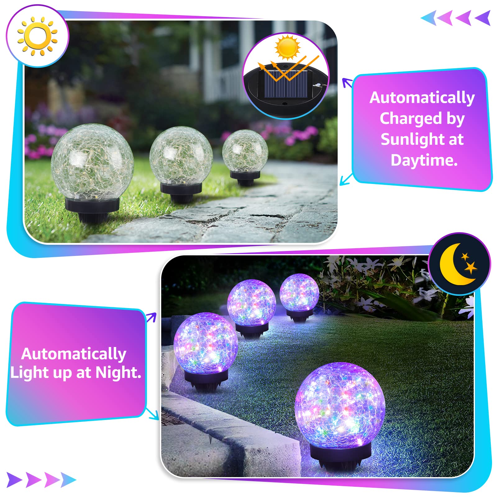 ASOMST Solar Garden Lights 2-Pack, Waterproof Colored  ed Glass Ball, Multicolor Globe Lighting for Outdoor Yard