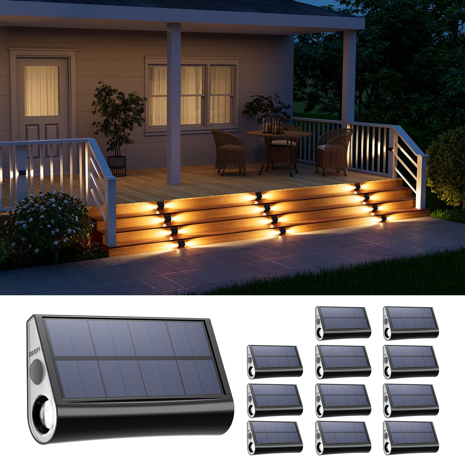 12 Pack Solar Powered Stair Lights Outdoor Waterproof Warm White Lamp for Deck Step Safety Outside Decorative LED for BackYard, 
