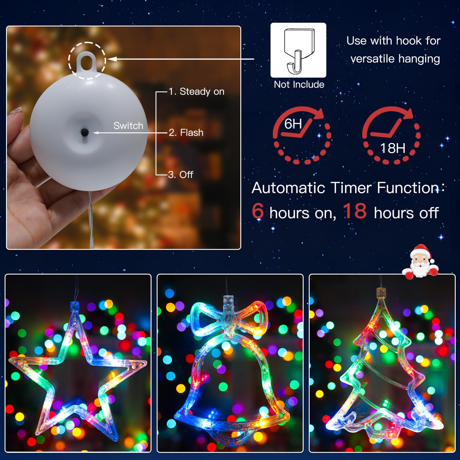 Suddus Christmas Window Lights Decorations, 3Pcs Tree-Jingle Bell-Star Shaped Xmas Lights Battery Powered With Suction Cups & Timer, Hanging String Lights Indoor For Tree, Fireplace, Multicolor