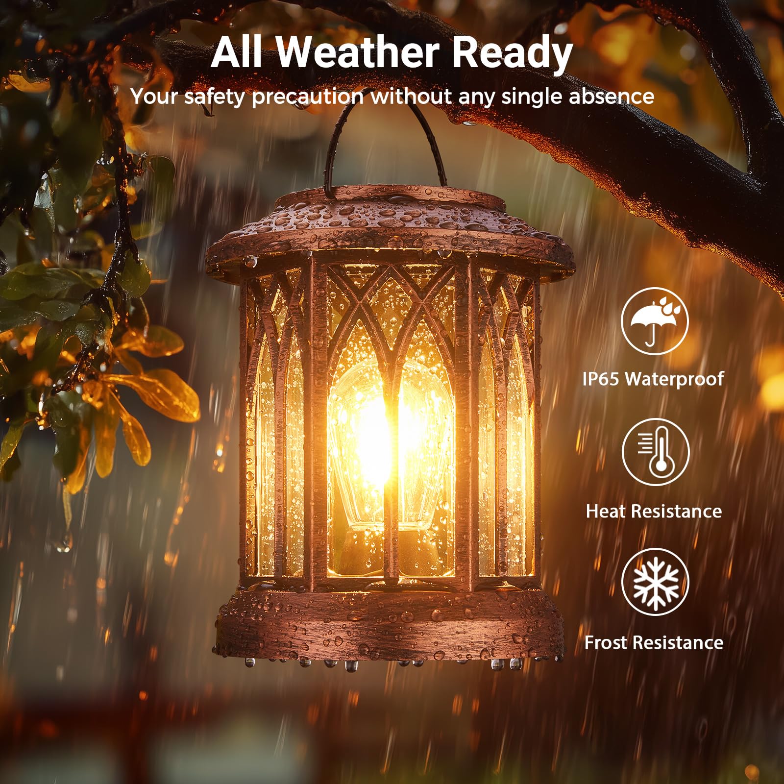 WdtPro Solar Lanterns 2 Pack, Waterproof Copper Hanging Lights, Model TLL009, Solar Powered for Outdoor Garden Patio Decor