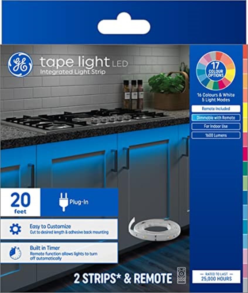 GE LED Tape Light, Color Changing Light Strip, 20ft, Plastic, Model 93129120
