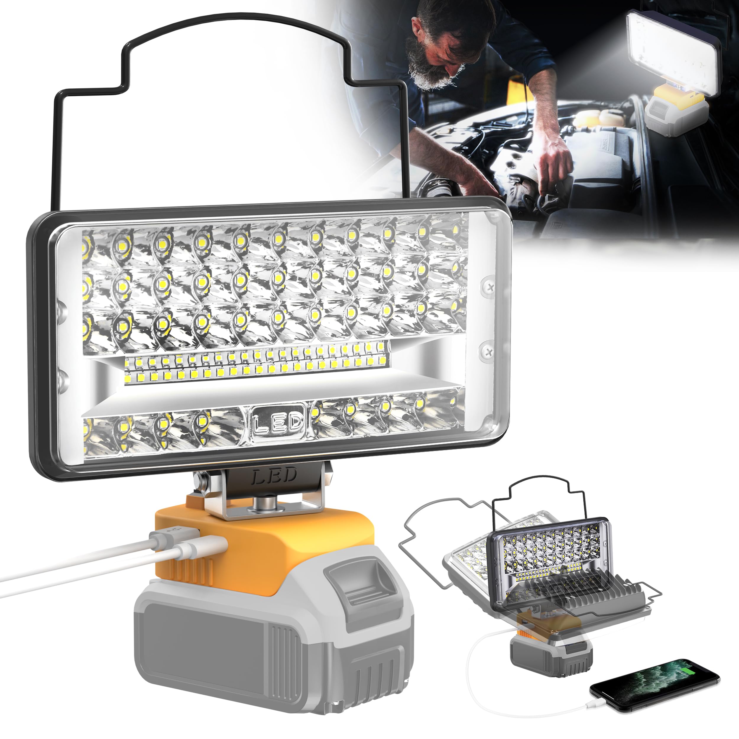 Cordless LED Work Light for Dewalt 20V Battery, 60W 6000Lumen Portable Light 20V Hand Held Tool Only with USB & Type C Charger Port & Low Voltage Protection for Camping, Outdoor, Emergencies,Underhood