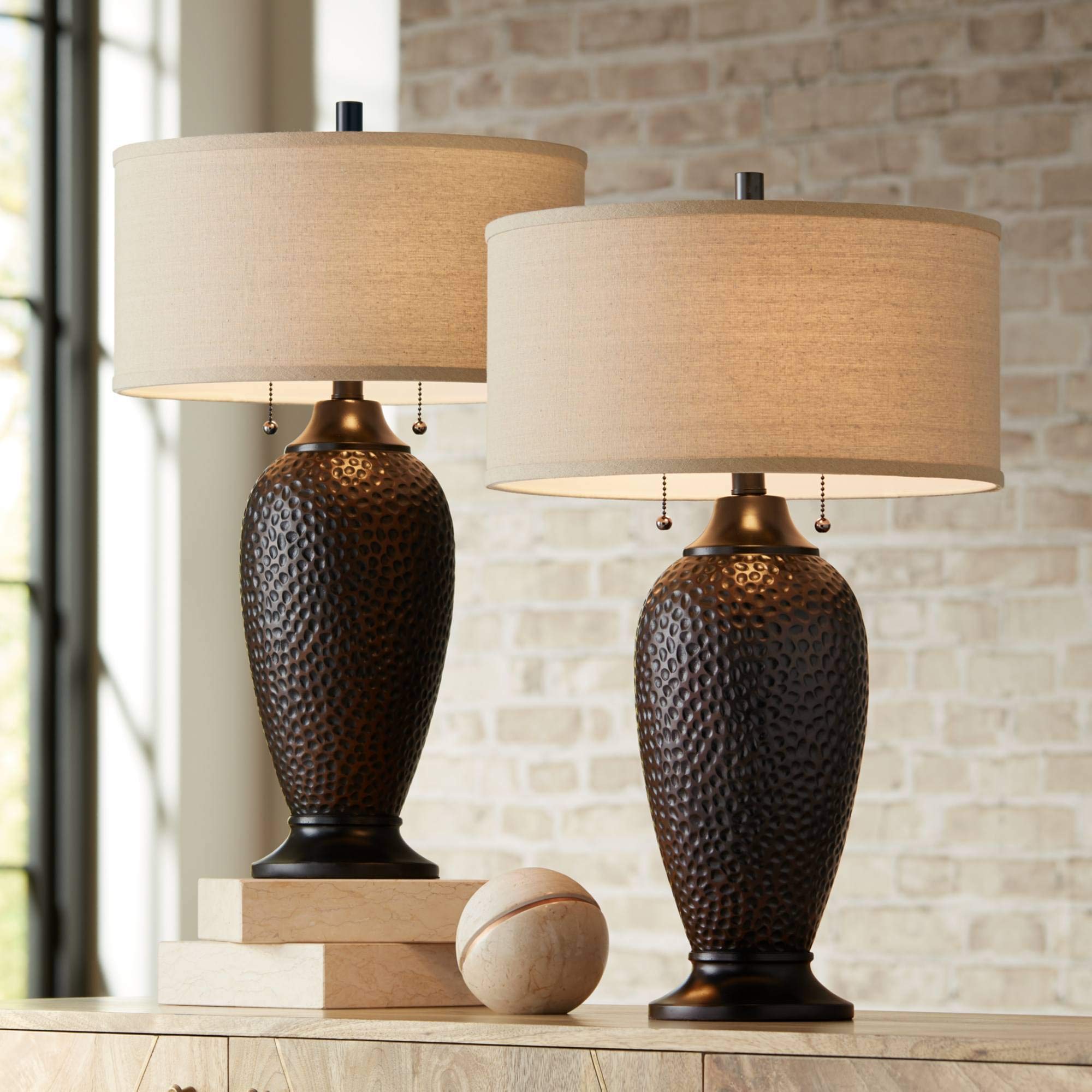 360 Lighting Cody Rustic Farmhouse 3-Way Table Lamps 26 High Set of 2 with Table Top Dimmers Hammered Oiled Bronze Oatmeal Linen