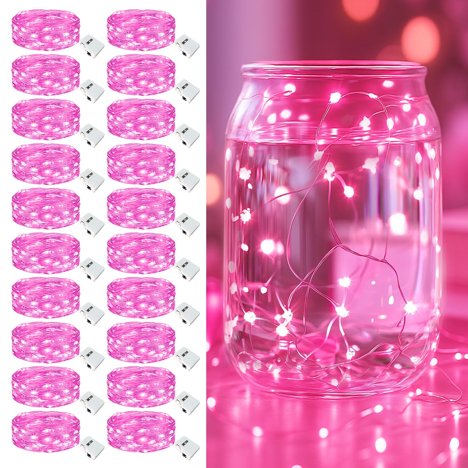 Fairdeer 20 Pack Fairy Lights Battery Operated - 7ft 20 Led Twinkle Lights 3 Modes  Bulk Mini String Lights Waterproof for Mason Jars Vases DIY Party Wedding Decoration Christmas - Pink