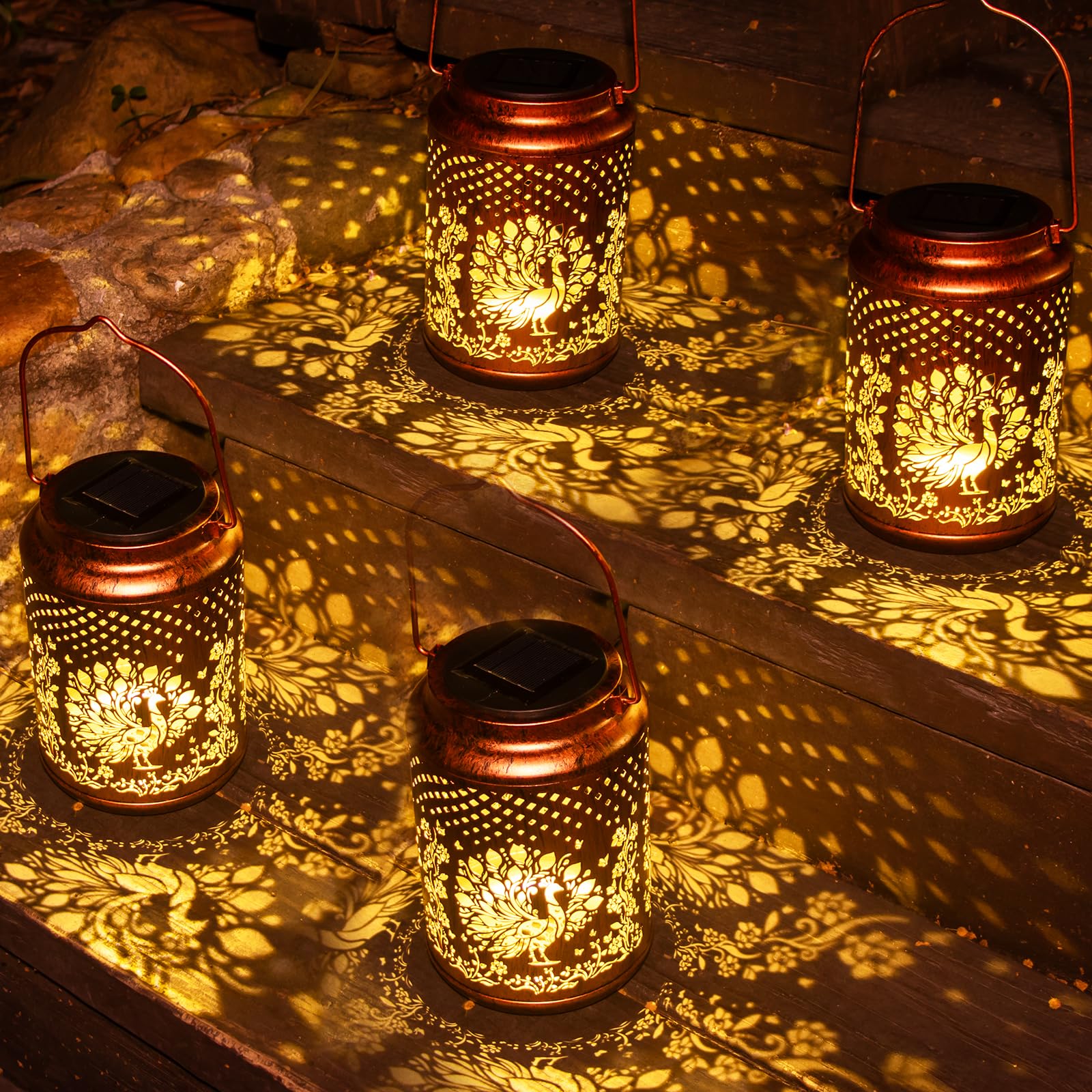 YISITEONE Peacock Solar Lanterns 4 Pack, Waterproof Metal Hanging Lights for Garden, Brown, Model ES04250700009