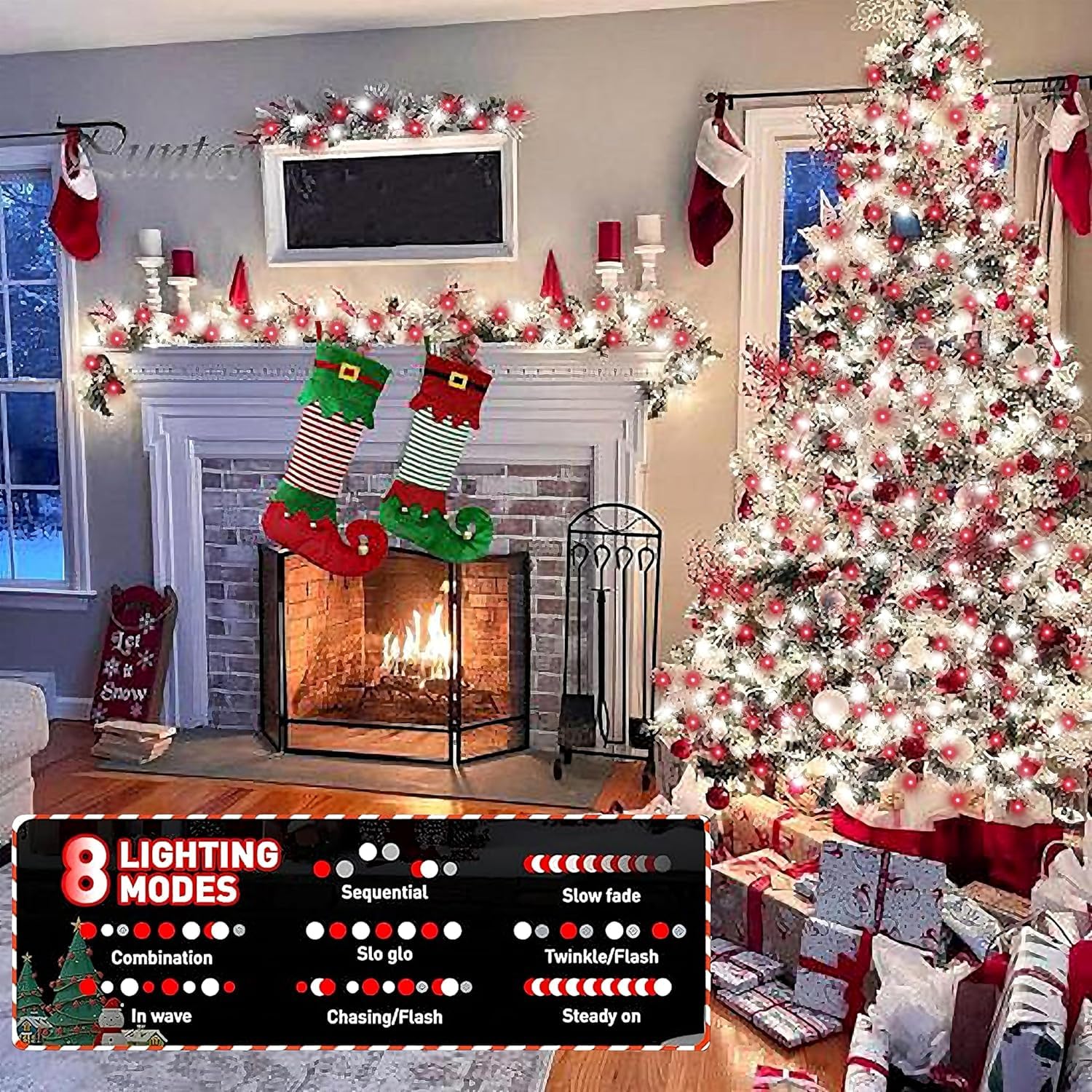 Qitong 4 Pack Red And White Solar Fairy Lights, Each 33Ft 100 Led Christmas Lights, 8 Modes Silver Wire Solar String Lights