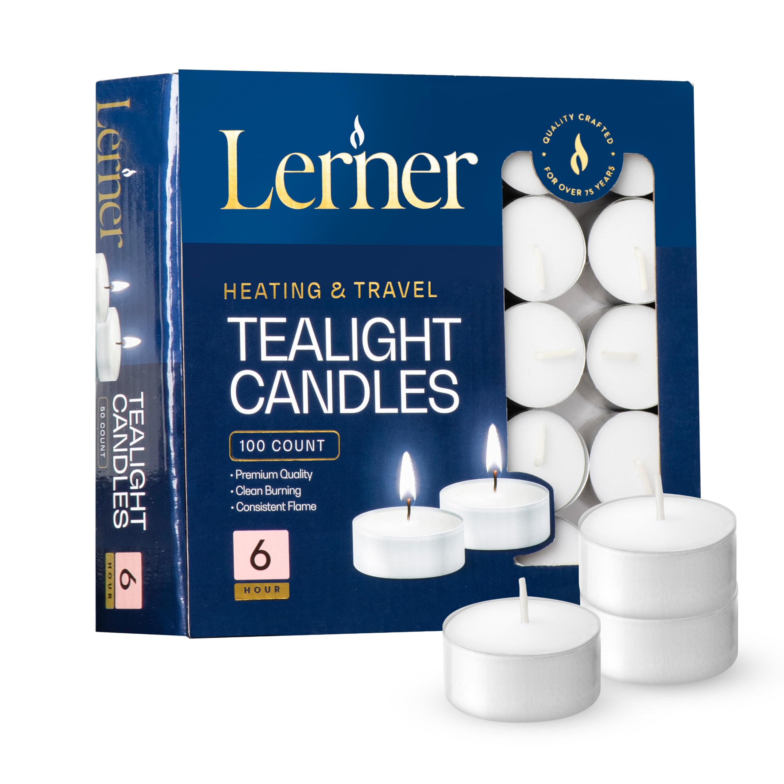Lerner Candles Tealight Candles, 100 Count, Long-Burning, Unscented, White/Silver, Model L00218