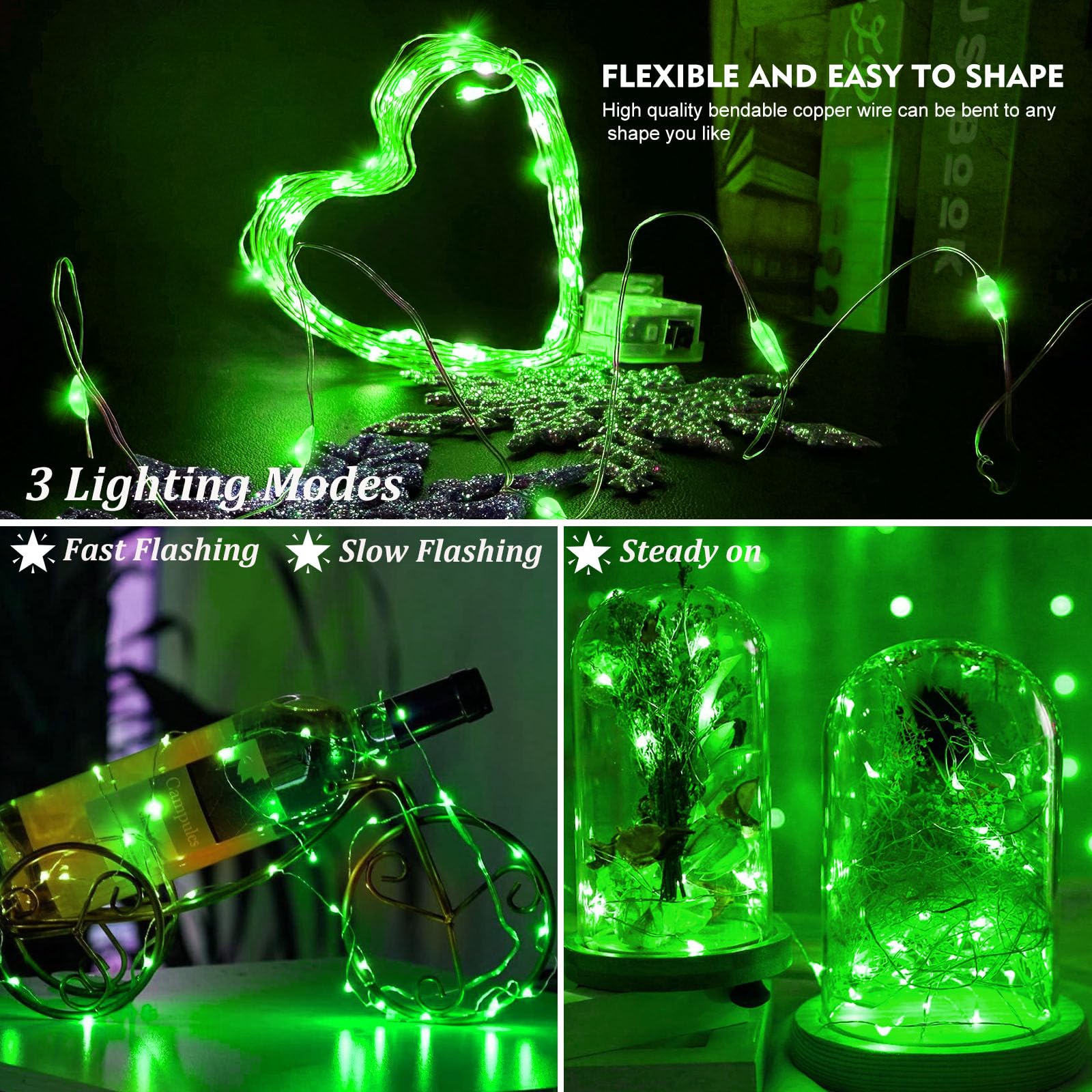AIKEI LED Fairy Lights - Waterproof String Lights, 7ft, 20 LEDs, Battery Operated, Green, 12 Pack