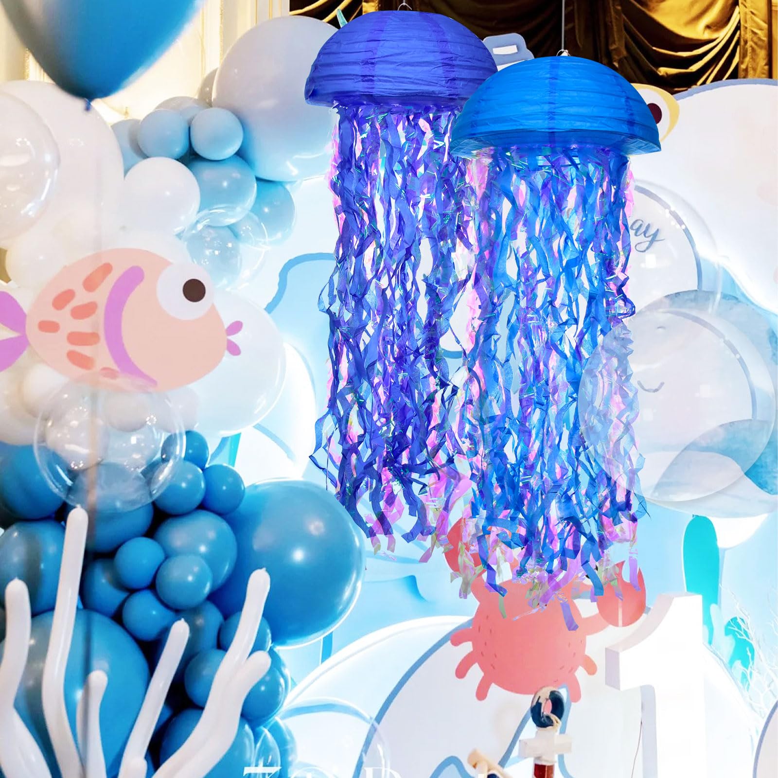Hanging Jellyfish Paper Lanterns - Hoyechi Gradient Colorful Decor For Mermaid Theme Party, Ocean Birthday, Baby Shower, Nursery, Set Of 6