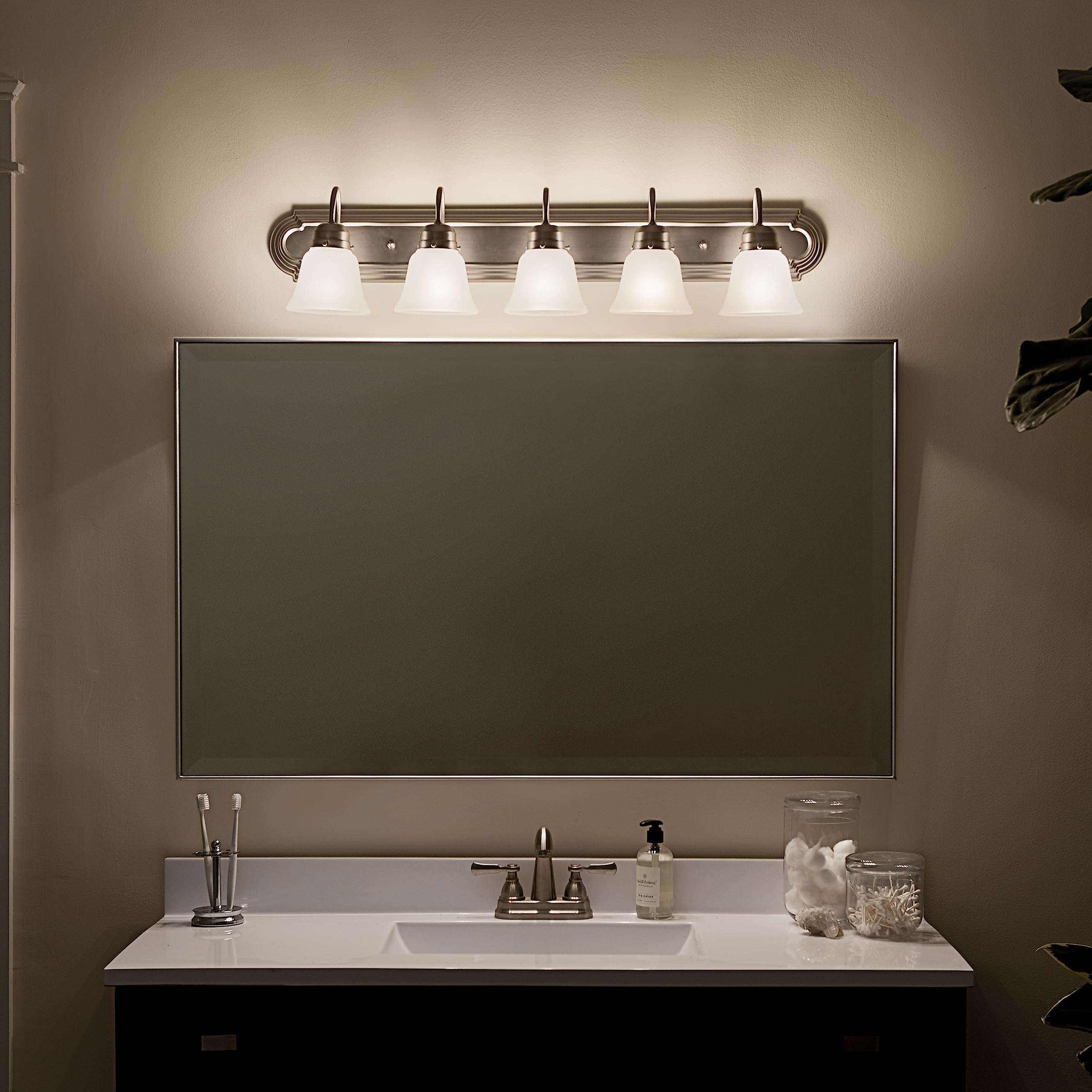 Kichler 36'' 5-Light Vanity Bath Light In Brushed Nickel, Modern Bathroom Light With Clear Satin Etched Glass, (36'' W X 8'' H),
