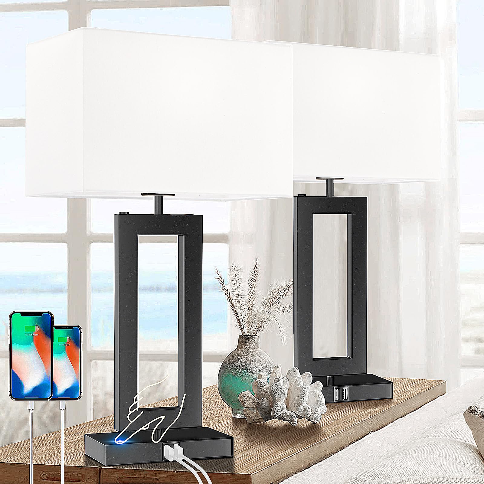 MoMyofdy White& Black Table Lamp Set of 2 Touch Control Lamps 3-Way Dimmable Bedroom Bedside Nightstand Lamps w/USB Ports Modern