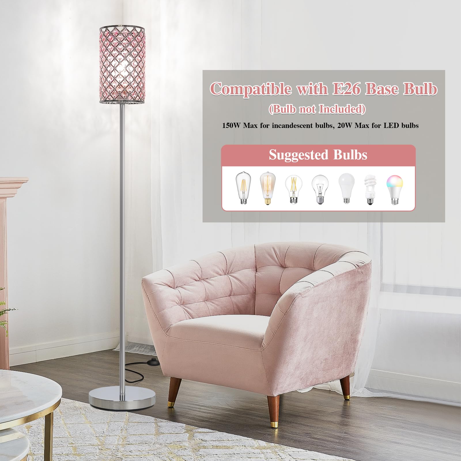 Crystal Floor Lamp For Bedroom, Silver Floor Lamp With Pink Shade, Girls Floor Lamp With On/Off Foot Switch, Elegant Standing Li