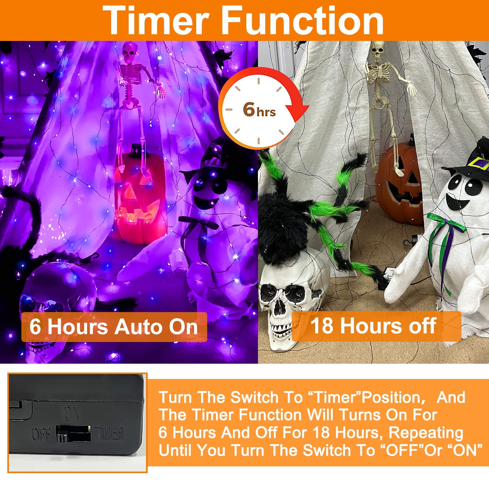 Turnmeon [3 Pack] Halloween String Lights With Timer, Total 180Led/59Ft Copper Wire Battery Operated Halloween Decorations Indoor Outdoor Outside Yard Home Party Decor, 60Led 19.7Ft Each (Purple)