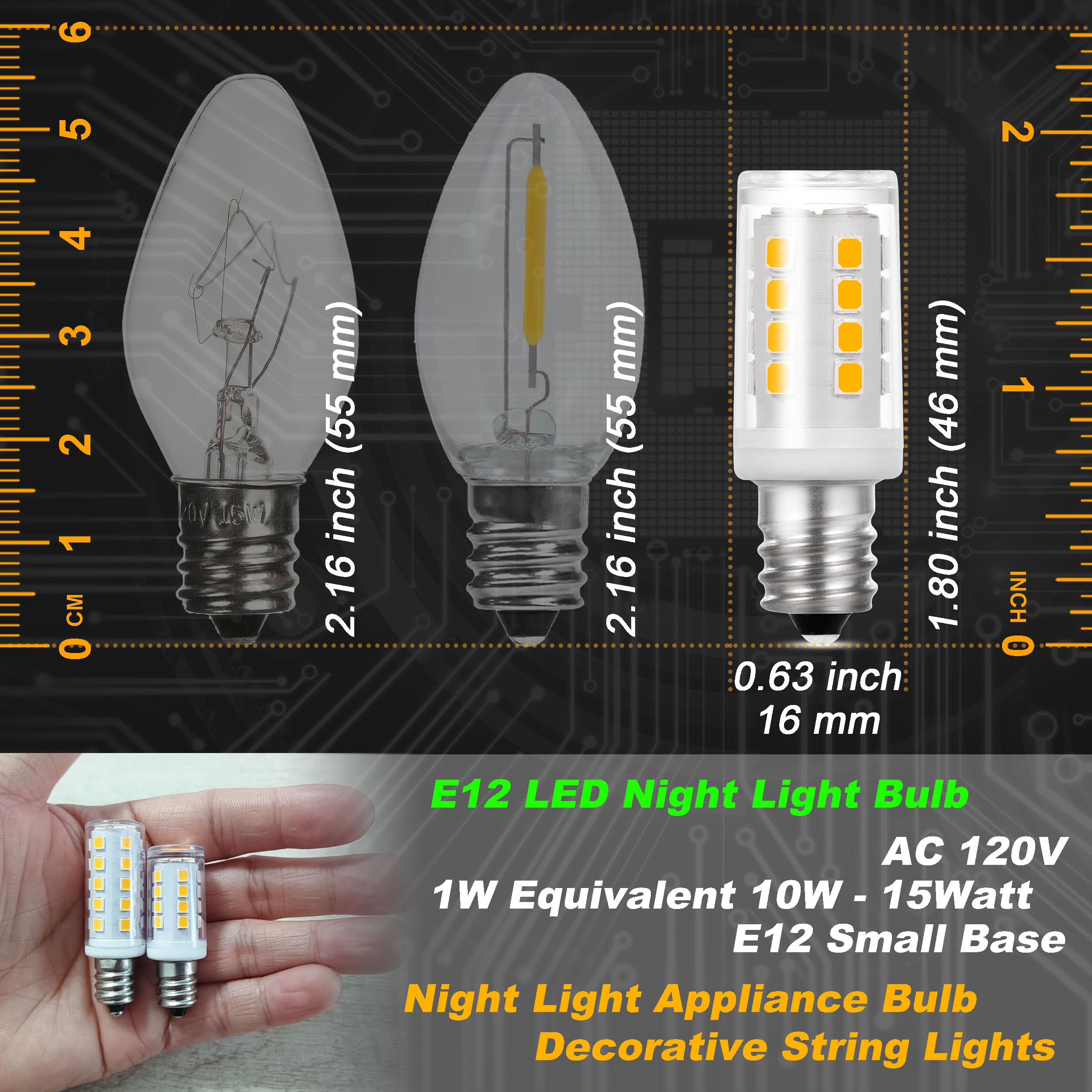 Hylroe E12 Led Candelabra Base Night Light Bulb 1 Watt Equivalent 10W 15W, Ac120V 150Lm 2700K Warm White C7 E12 Small Bulbs For