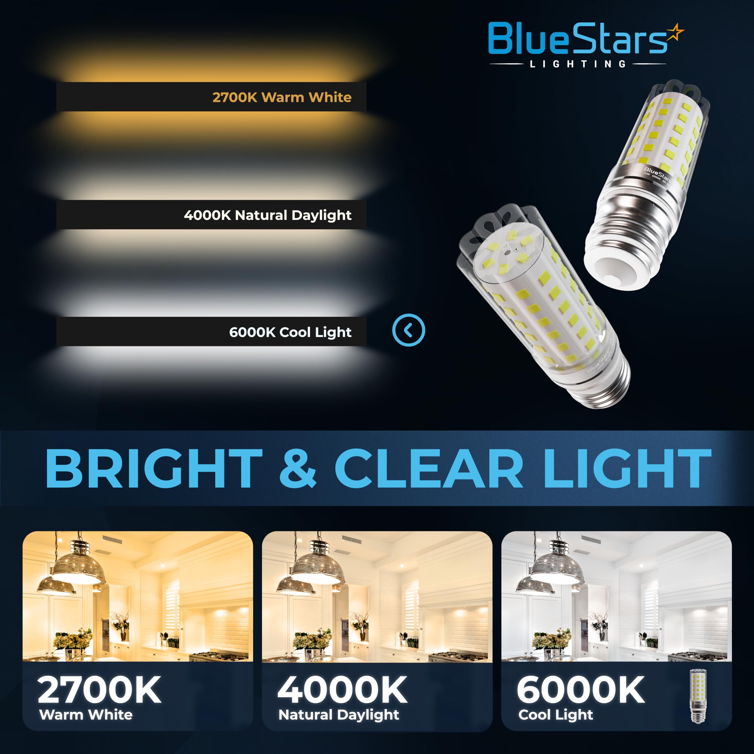 BlueStars LED Corn Light Bulbs 10W (100W Equivalent) 1100 Lumens, 6000K Cool White, E26/E27 Base, Clear Plastic - Non-Dimmable