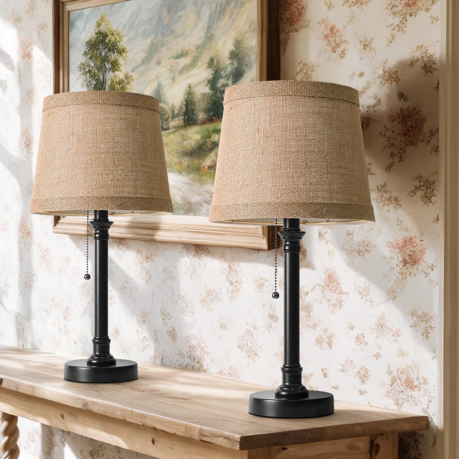 Oneach Table Lamps Set of 2, 19.5·Metal Bedside Lamps with Pull Chain Switch, Dark Brown, Model AMZ-T0009BK-KAKOU-NEW