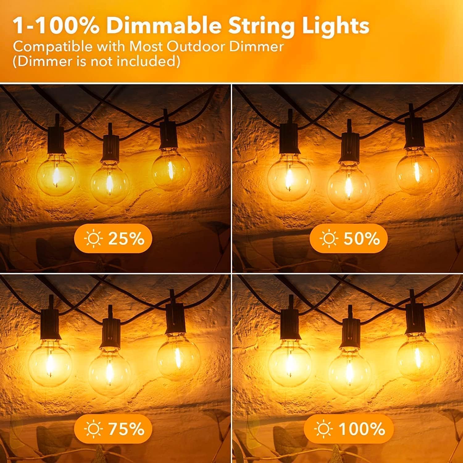 Brightown 100FT Outdoor String Lights - 50 LED G40 Globe Bulbs, Weatherproof, Black, Model GYPC-O50LAU