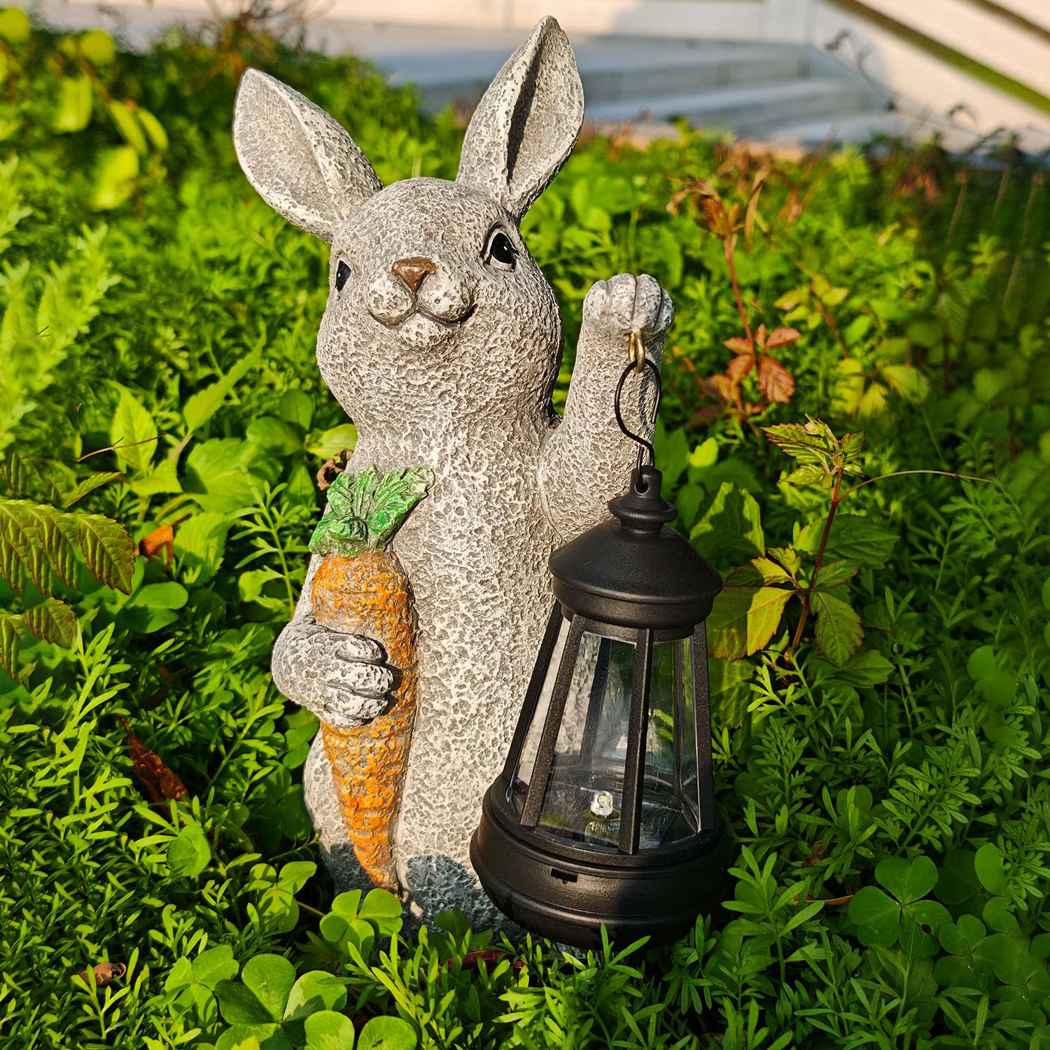 Garden Statues Rabbit Solar Lantern Outdoor Handmade Resin Statue Bunny With Cute Carrot For Patio  Yard MotherS Day Gift Ideas (Rabbit1)