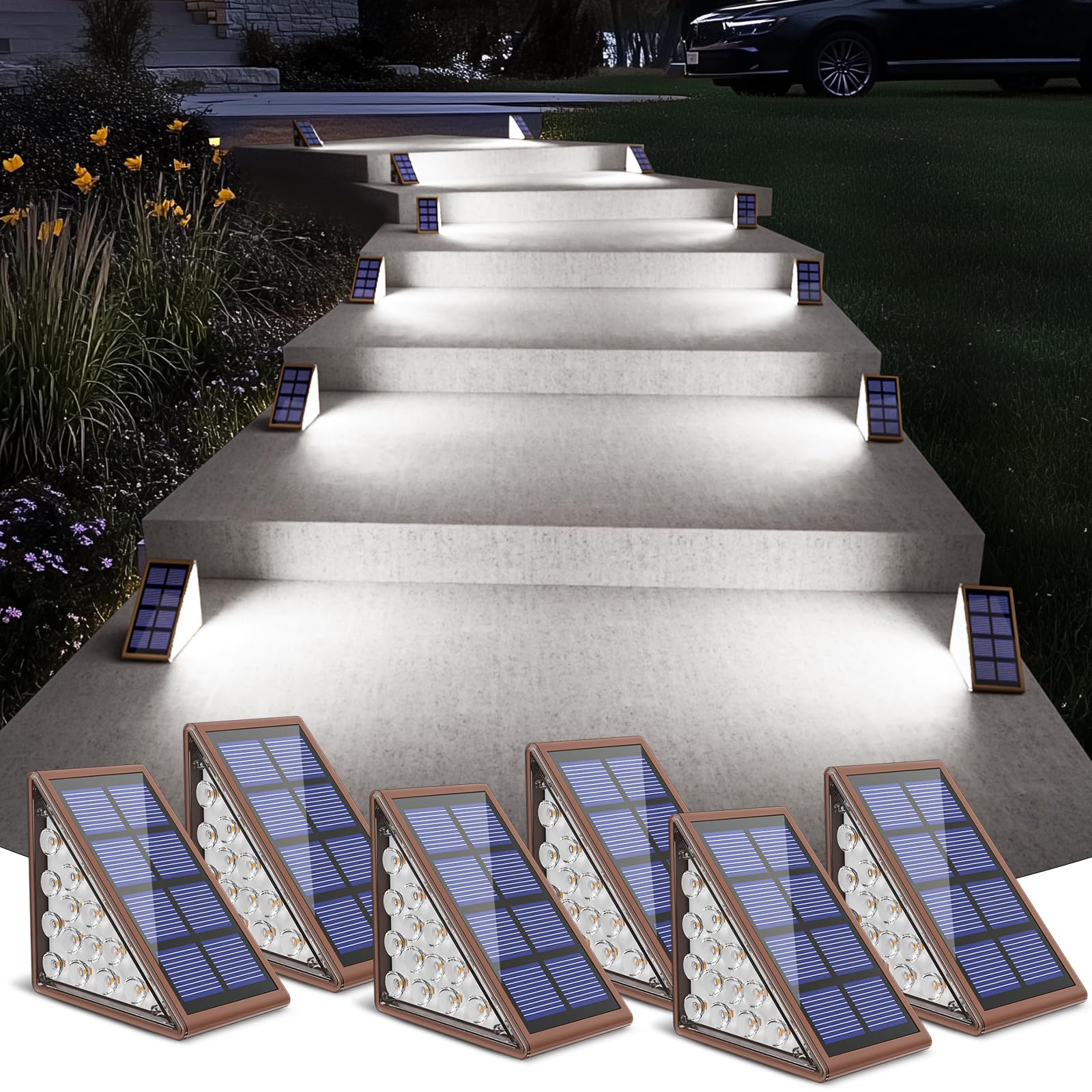 NIORSUN Solar Step Lights, Waterproof IP67, Auto On/Off, Cool White Light, 6 Pack, Model ABE110-B, for Outdoor Use