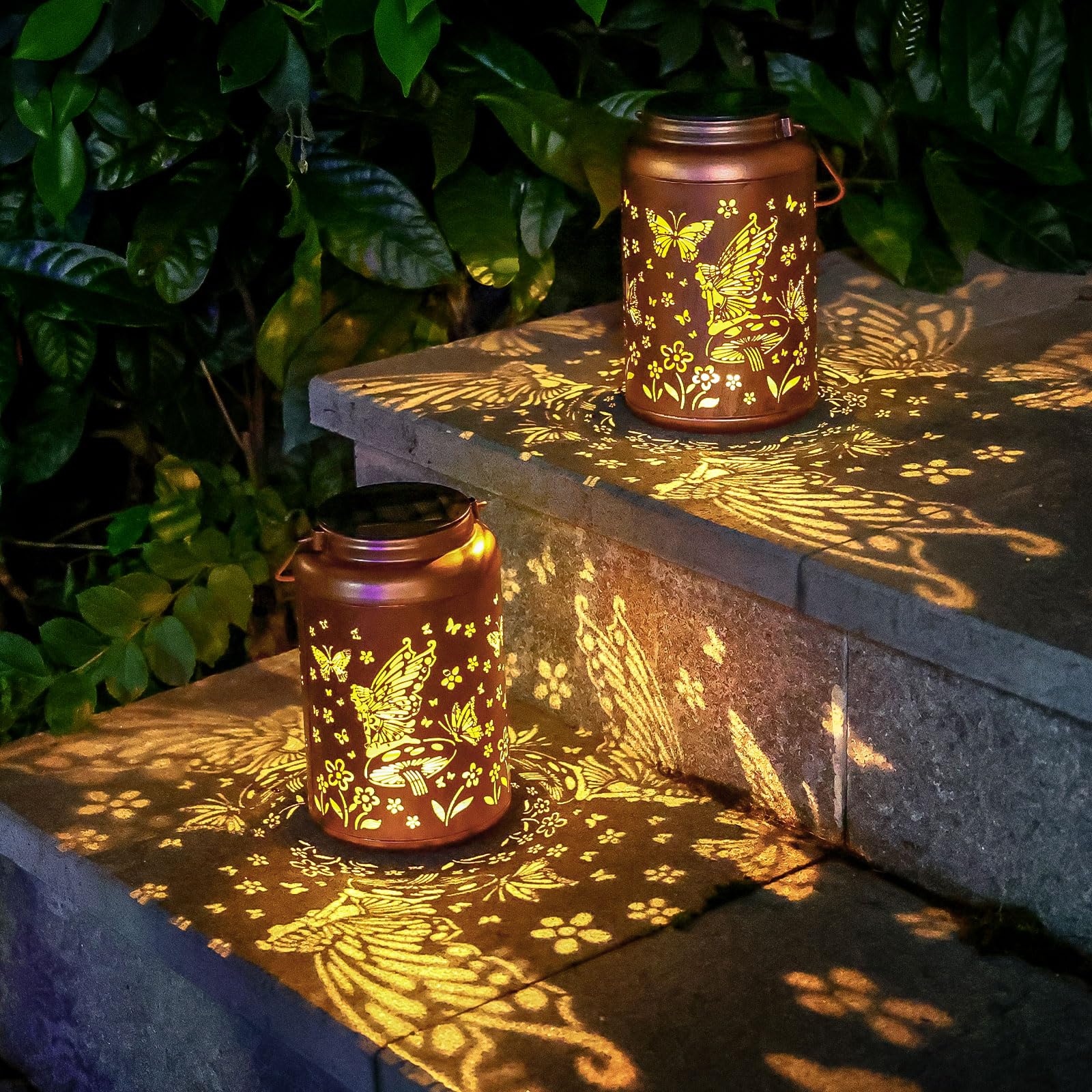 2 Pack Fairy Solar Lanterns Outdoor Waterproof Hanging Butterfly Solar Lights Metal Solar Decorative LED Lanterns Outside Gifts 