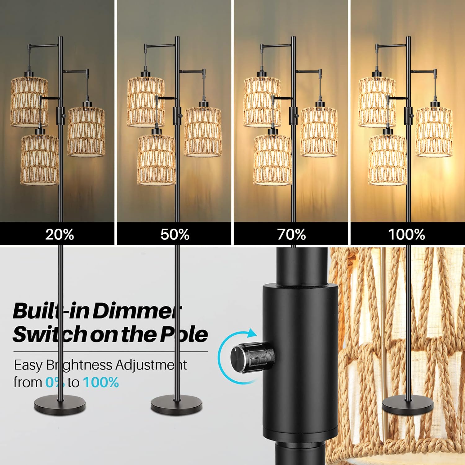 ZECOXOL Boho Floor Lamp - 3 Light Dimmable, Metal, 6.5 Inch, Black, Model 0-01, Rustic Tall Standing Lamp for Living Room, Bedroom