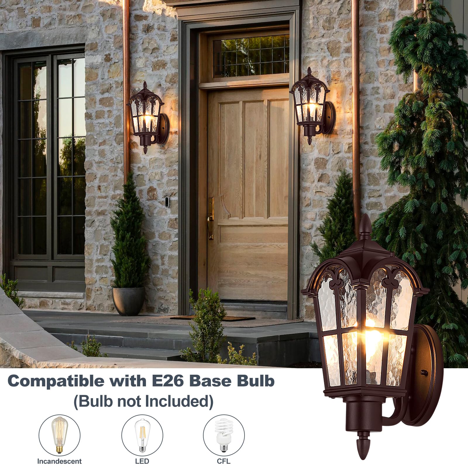 Sucolite Outdoor Wall Light Fixtures, Vintage Waterproof Porch Sconces, Oil-Rubbed Bronze, 1 Pack, Model B06068P, Water Ripple Glass
